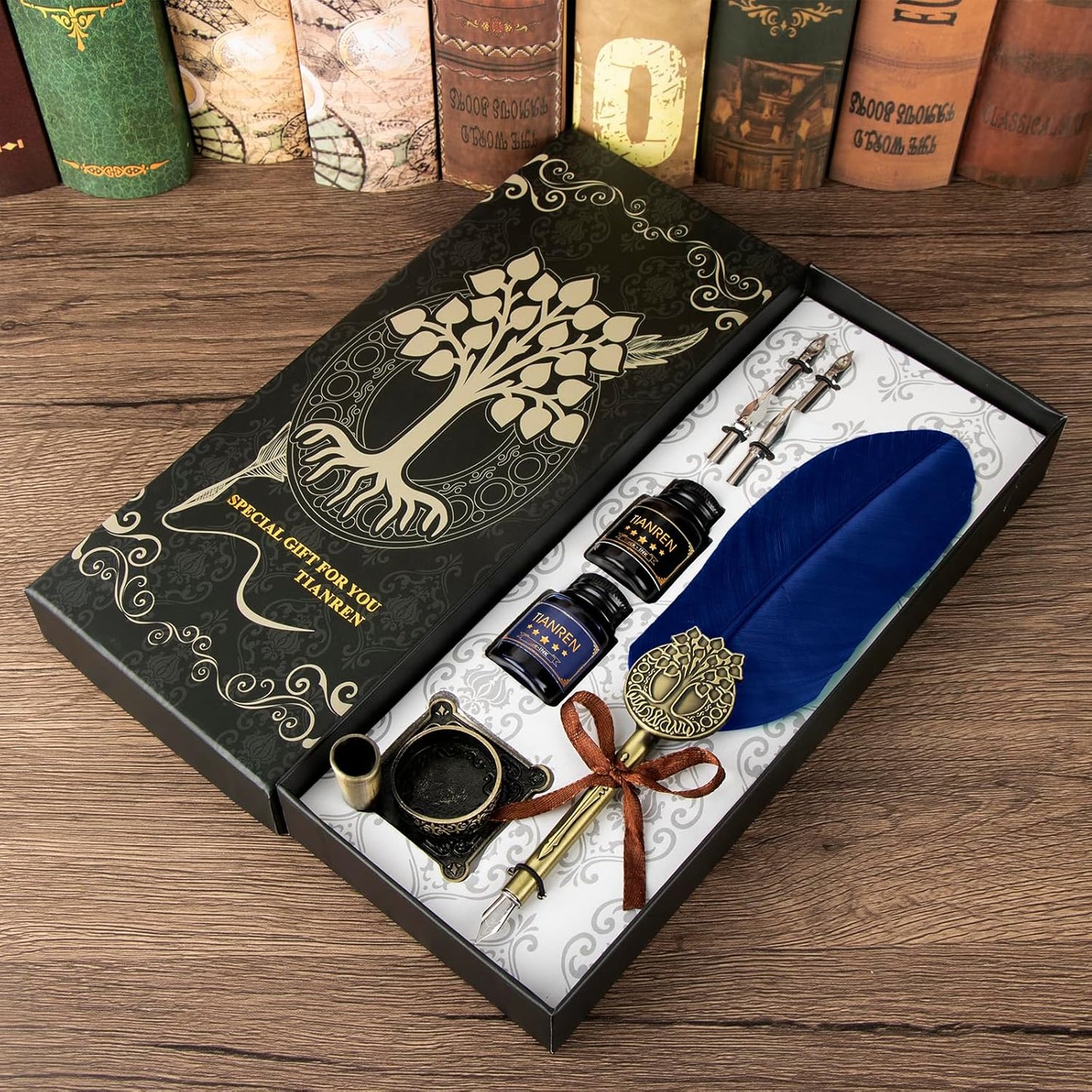 Quill pen ink set,Feather Pen and Ink Set,Antique Calligraphy Pen with 4 Replaceable Nibs,2 Bottle of ink,Feather Dip Pen Holder Christmas Gift for Men&Women.(Blue)