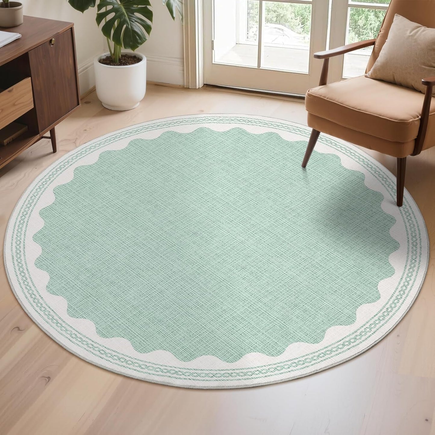 Scalloped Round Rug 6ft, Small Area Rugs Solid GreenRug for Bedroom Girls, Washable Rugs for Living Room, Non Slip Scalloped Round Bath Mat, Soft Dorm Nursery Carpet for Bedside