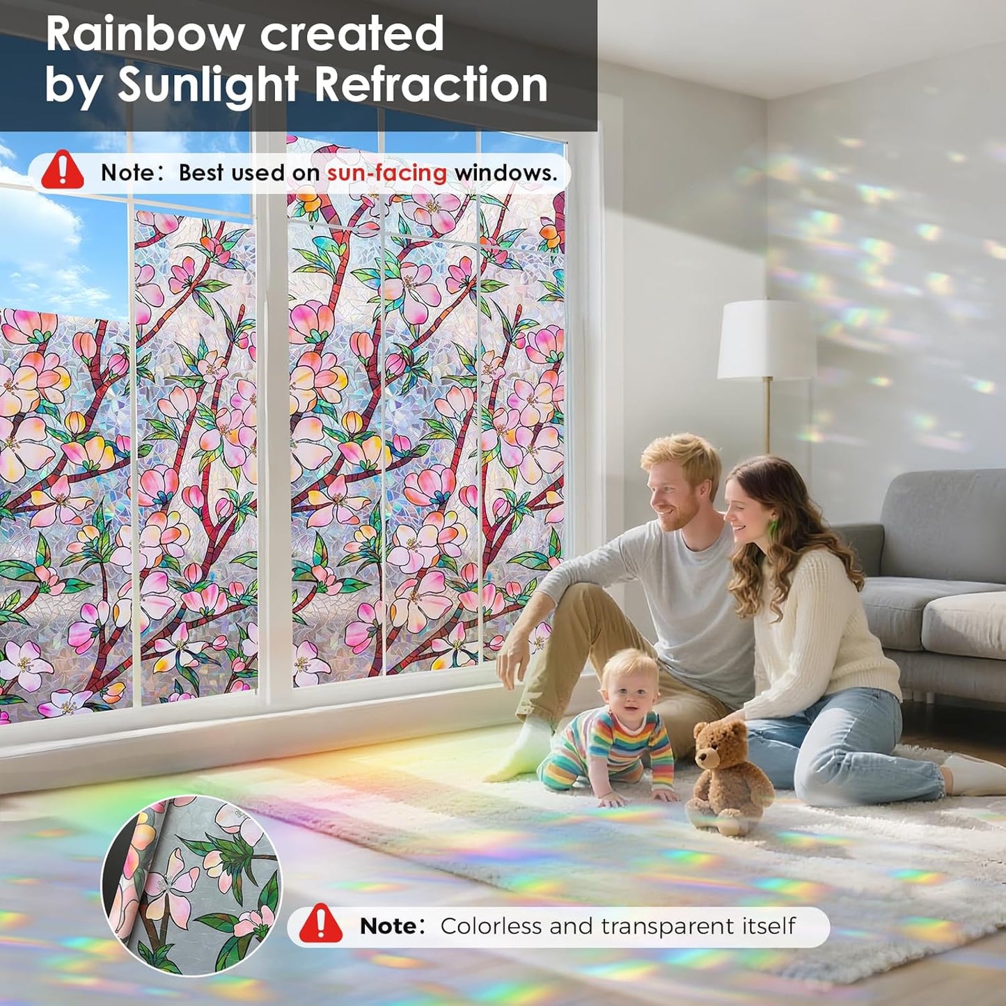 Window Privacy Film Rainbow Film Stained Glass 3D Static Cling Decorative Window Sticker for Bathroom,Front Door,Home Heat Control UV Blocking Non Adhesive,Peach Blossom 17.5 x 78.7 inches