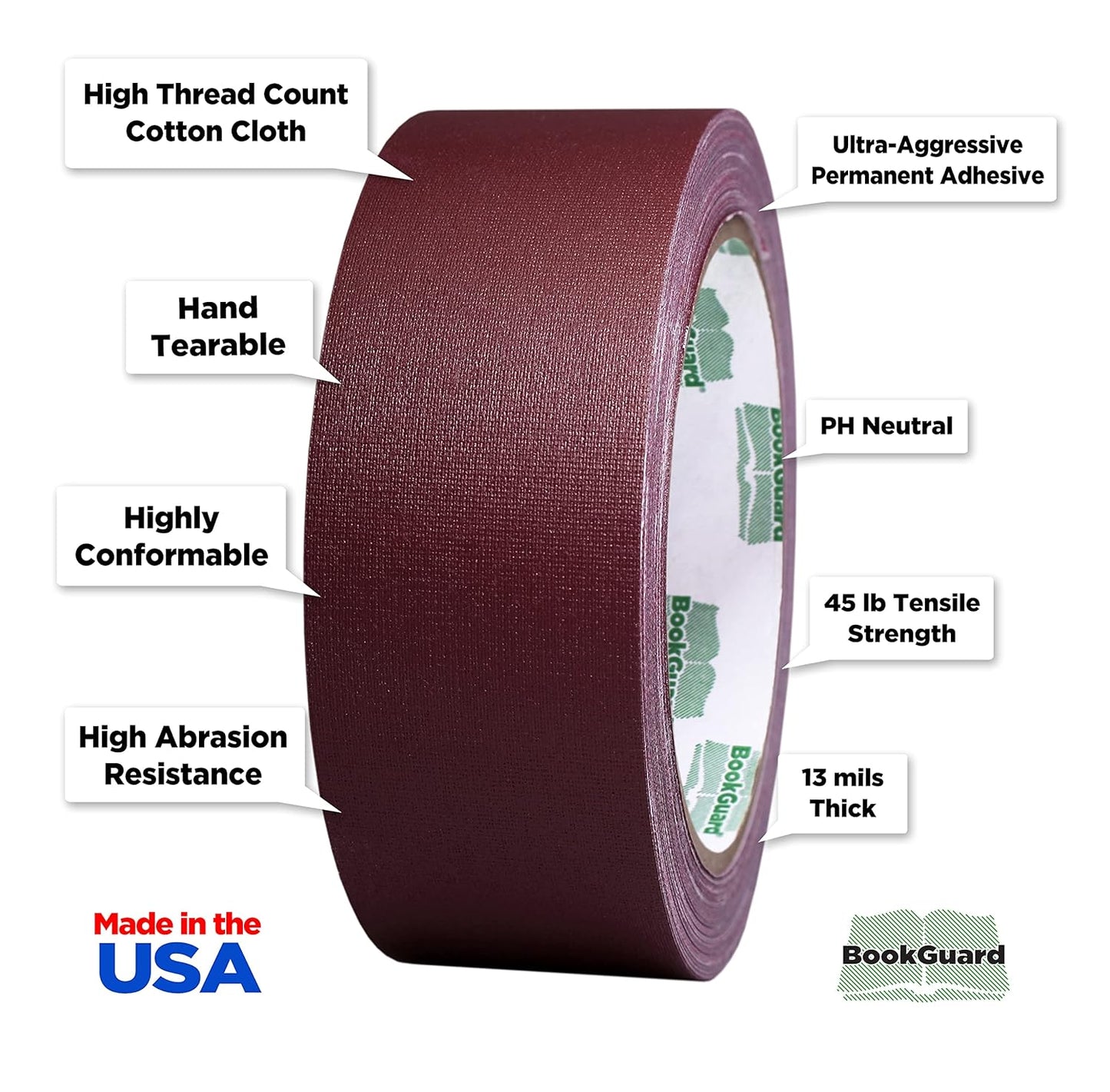 BookGuard 1-1/2 Inch Vinyl-Coated Cotton Cloth Bookbinding Repair Tape, 15 Yard Roll, Burgundy