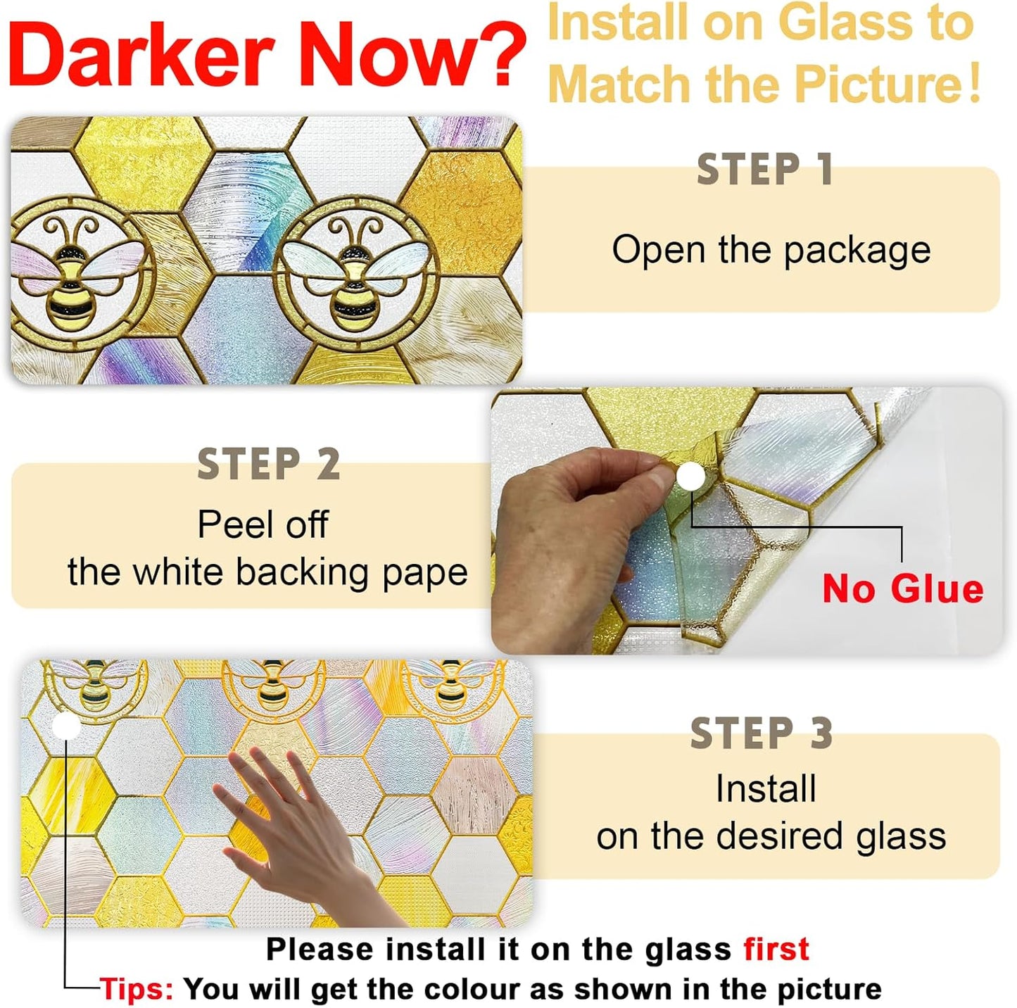 3D Stained Glass Window Privacy Film, Heat Control UV Blocking Static Cling Decorative Window Film for Bathroom,Front Door,Home Non Adhesive,23.6 x 35.4 inches Honey