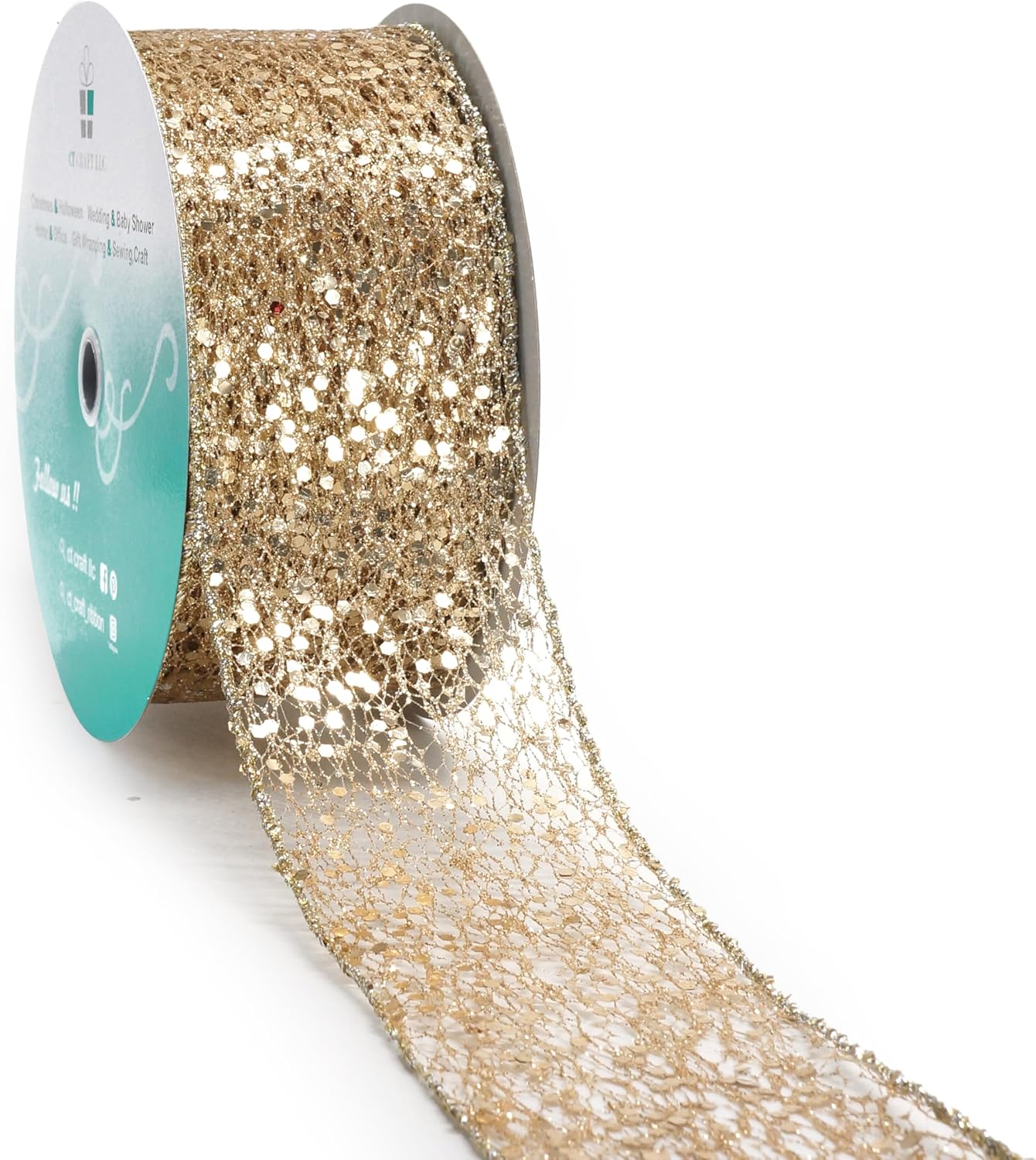 CT CRAFT LLC Sparkling Glitter Mesh Wired Ribbon 2.5" x 20 Yards Champagne Gold for Christmas Home Decor Bow Gift Wrapping DIY Crafts Wreath