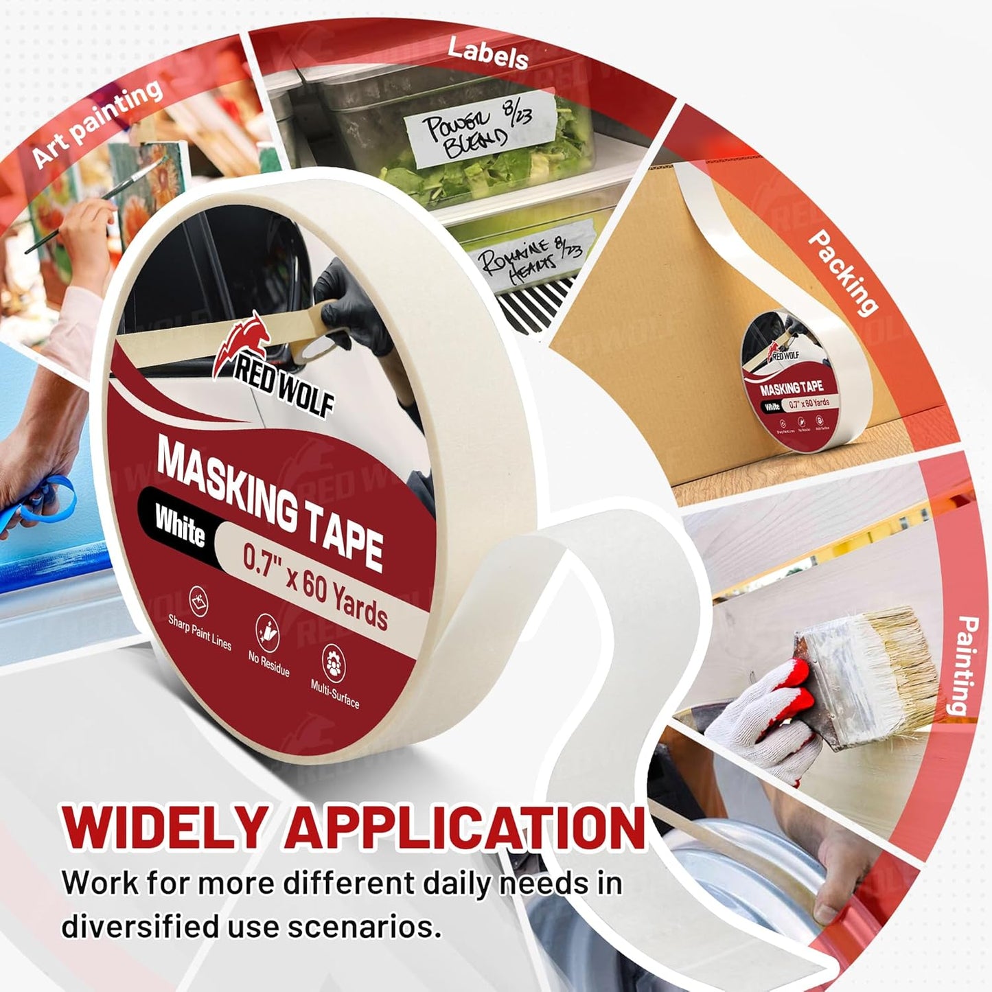 RED WOLF 0.94" x 60 Yards Masking Tape 6 Pack, General Purpose for Painting Arts Crafts Label Car Painting, Sharp Paint Line No Residue Painters Tape White Beige Crepe Paper Tape Heat Resistance