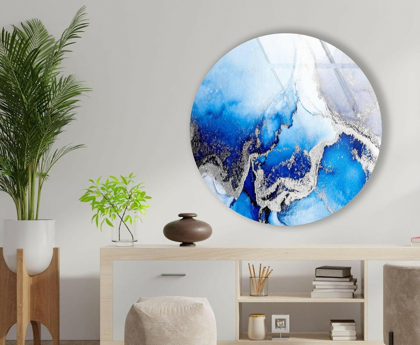 My Photostation.com 10''(25cm) Diameter Blue Marble Round with Silver Details Glass Wall Art Tempered Glass Printing Wall Decor Large Wall Art Wall Hangings