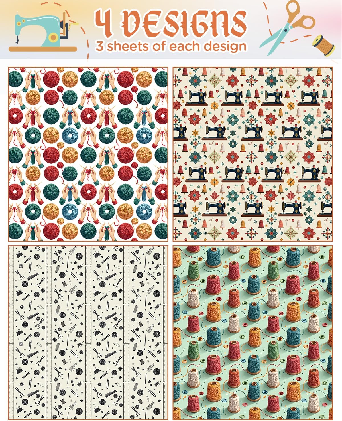 Pineraap 12 Sheets Sewing Theme Wrapping Paper, Vintage Sewing Machine, Button, Yarn Printed Gift Wrap Folded Flat Craft Paper for Sewing Lovers, Seamstress, Women, Mom, Grandma, 19.7 x 27.6 Inch