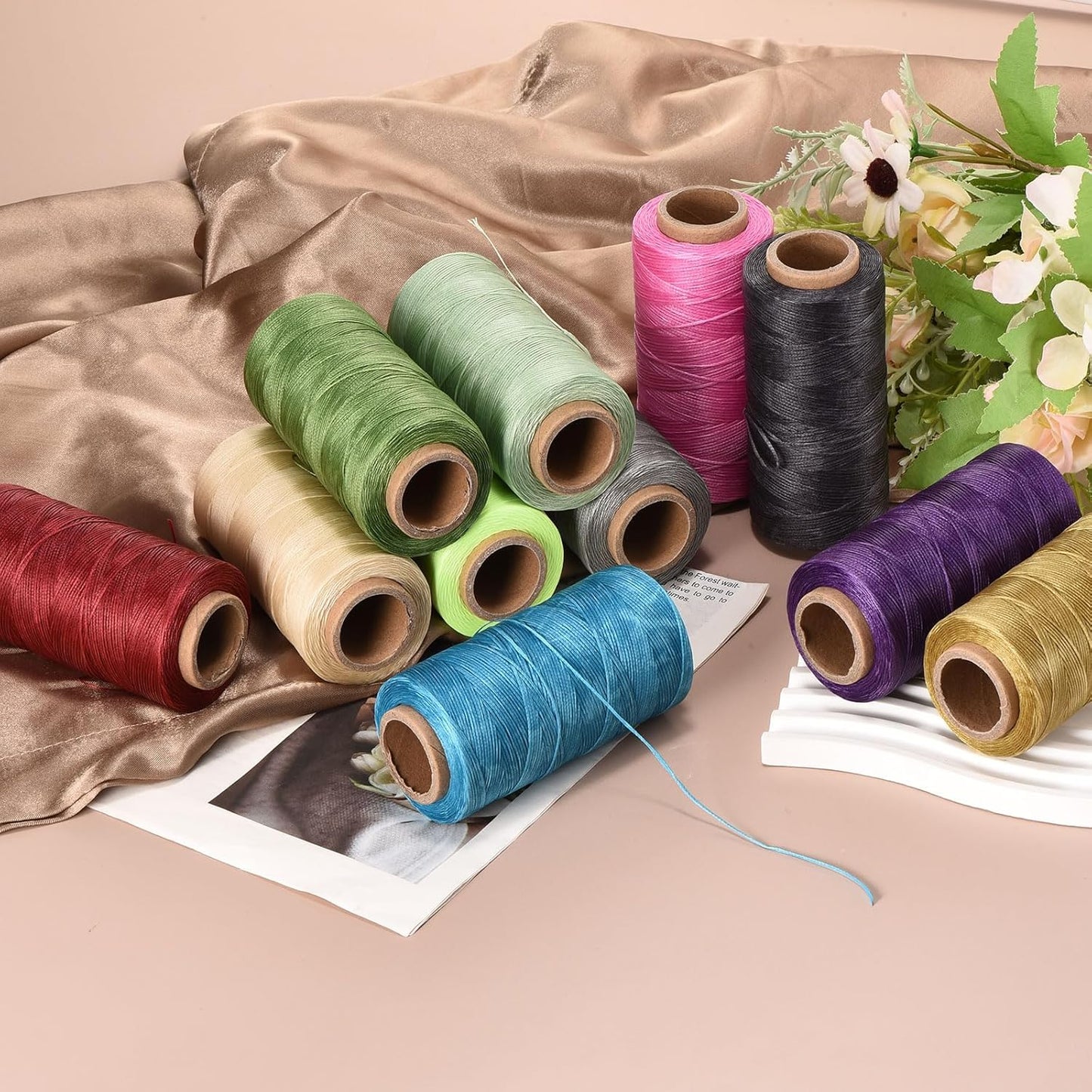 MECCANIXITY Waxed Thread,284 Yard 0.8mm 150D Flat Wax Thread Polyester Waxed String for Leather Sewing Hand Weaving Book Binding Home Decoration,Pink