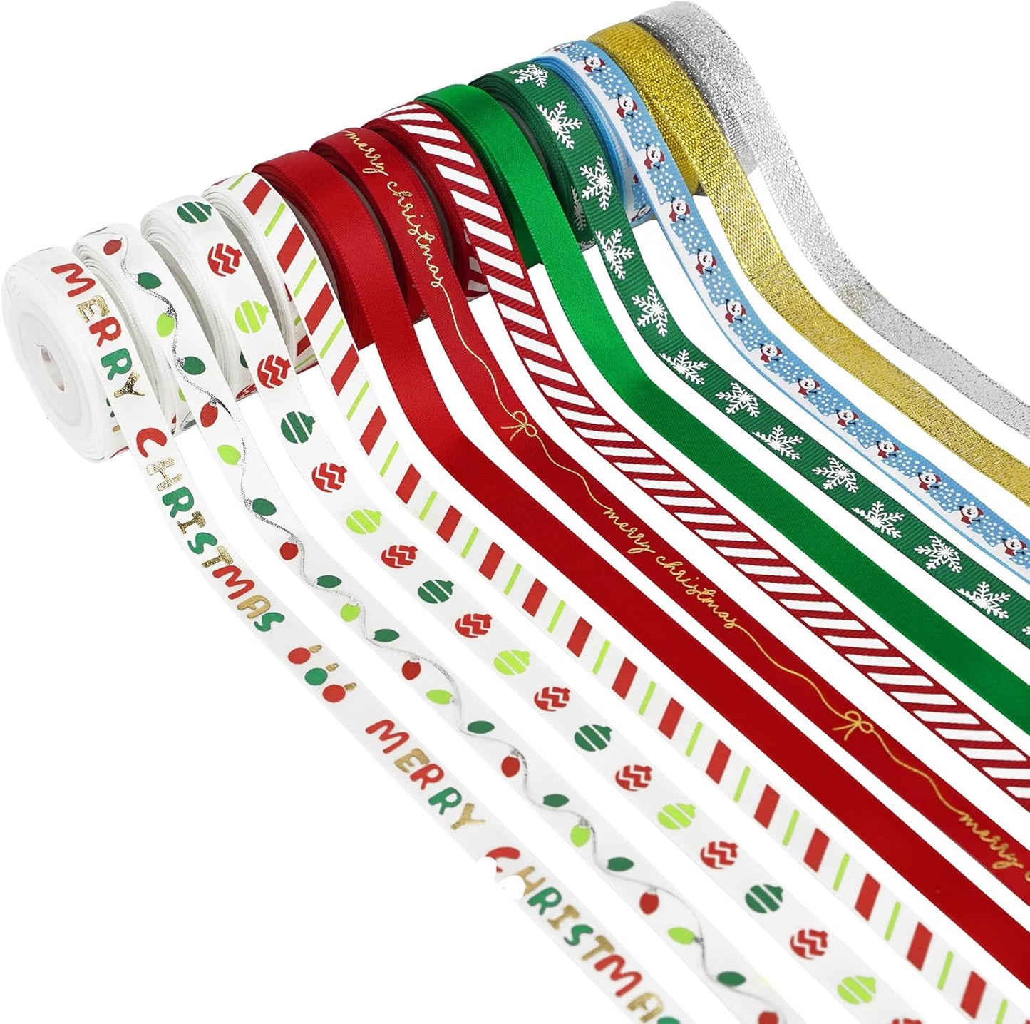 MEEDEE Christmas Ribbon 3/8 inch Thin Holiday Ribbon Set in Red, Green, White, Gold & Silver Color 12 Rolls 60 Yards Perfect for Gift Wrapping, Xmas Wreath Decor, Garlands, and Holiday Crafts