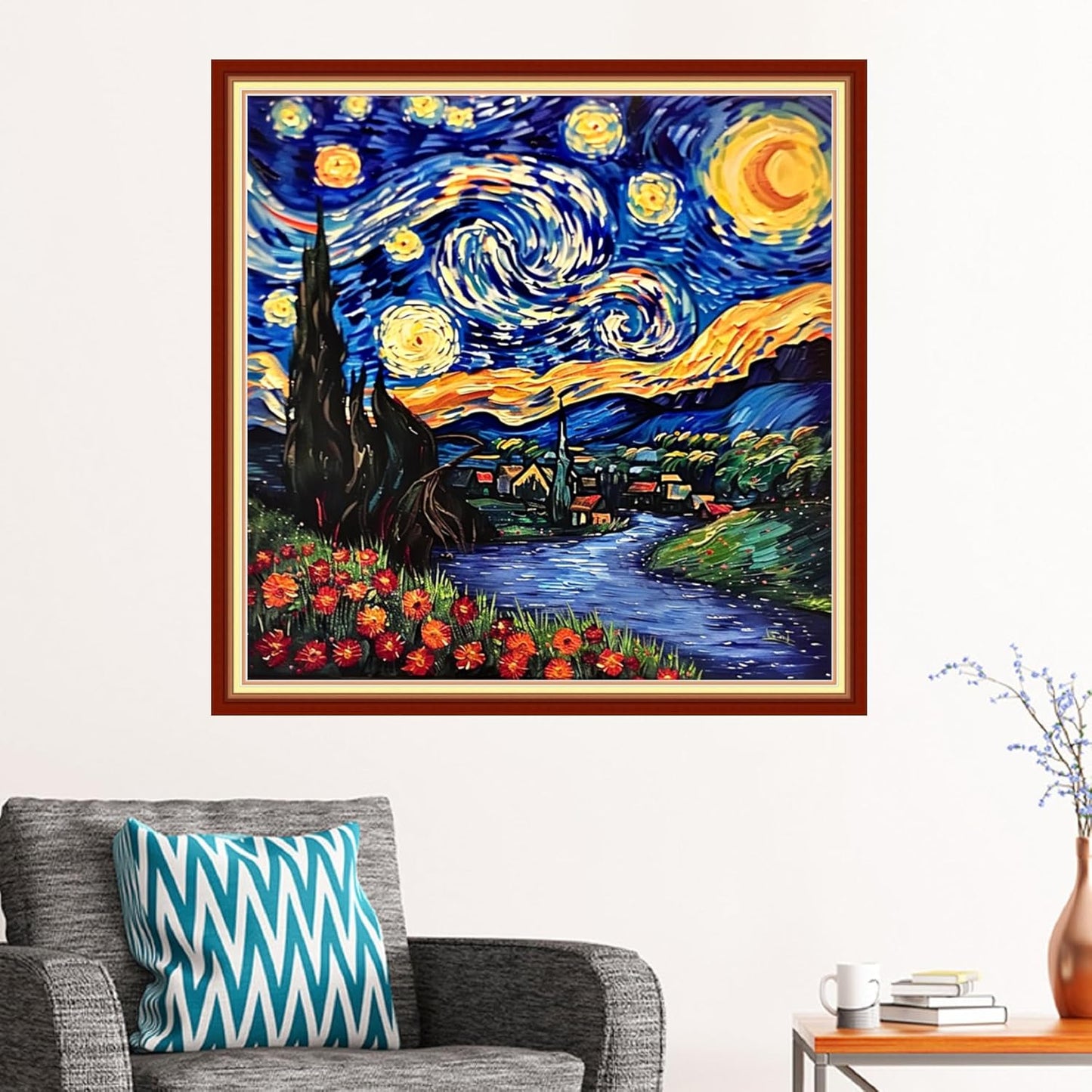 Stamped Cross Stitch Kits - Beach Night Landscape Counted Cross Stitch Kits for Beginners Adults Needlepoint Cross-Stitch Patterns-Van Gogh Starry Sky Flower Sea 18x18 inchs