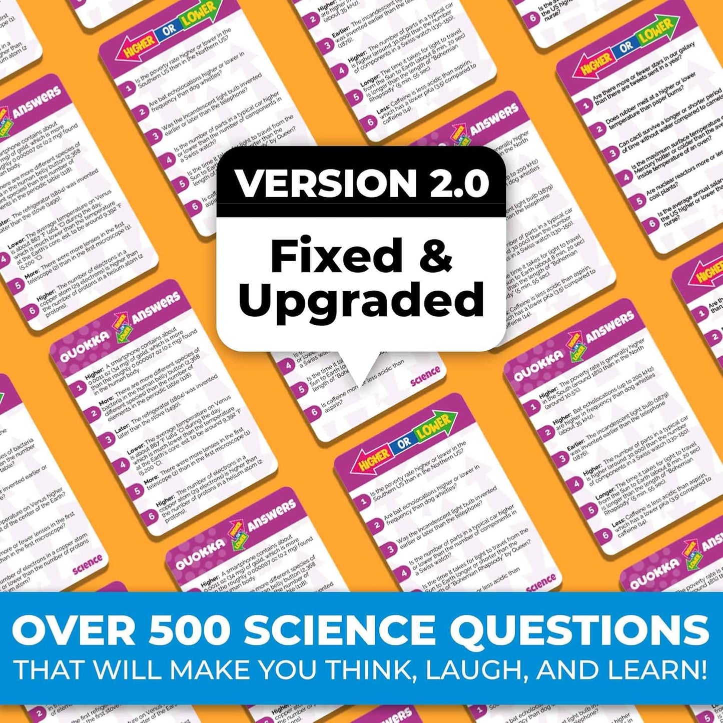 QUOKKA Trivia Board Games for Kids and Adults - Version V2.0 - Family Night Science Games 4xSet Higher or Lower Trivia Cards | Guess Fun Questions | 2 + Players - Challenge Your Science Knowledge