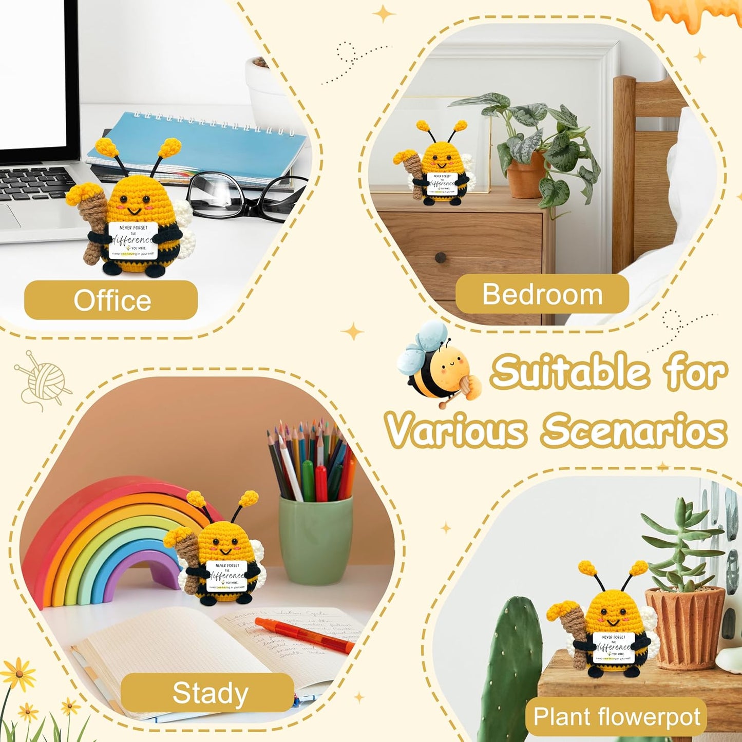 Funny Birthday Gifts for Women Men - Crochet Bee Animals with Positive Card, Appreciation Gifts for Coworker Boss Friend Sister, Inspirational Relaxation Gift Emotional Cheer Support Crochet Bee