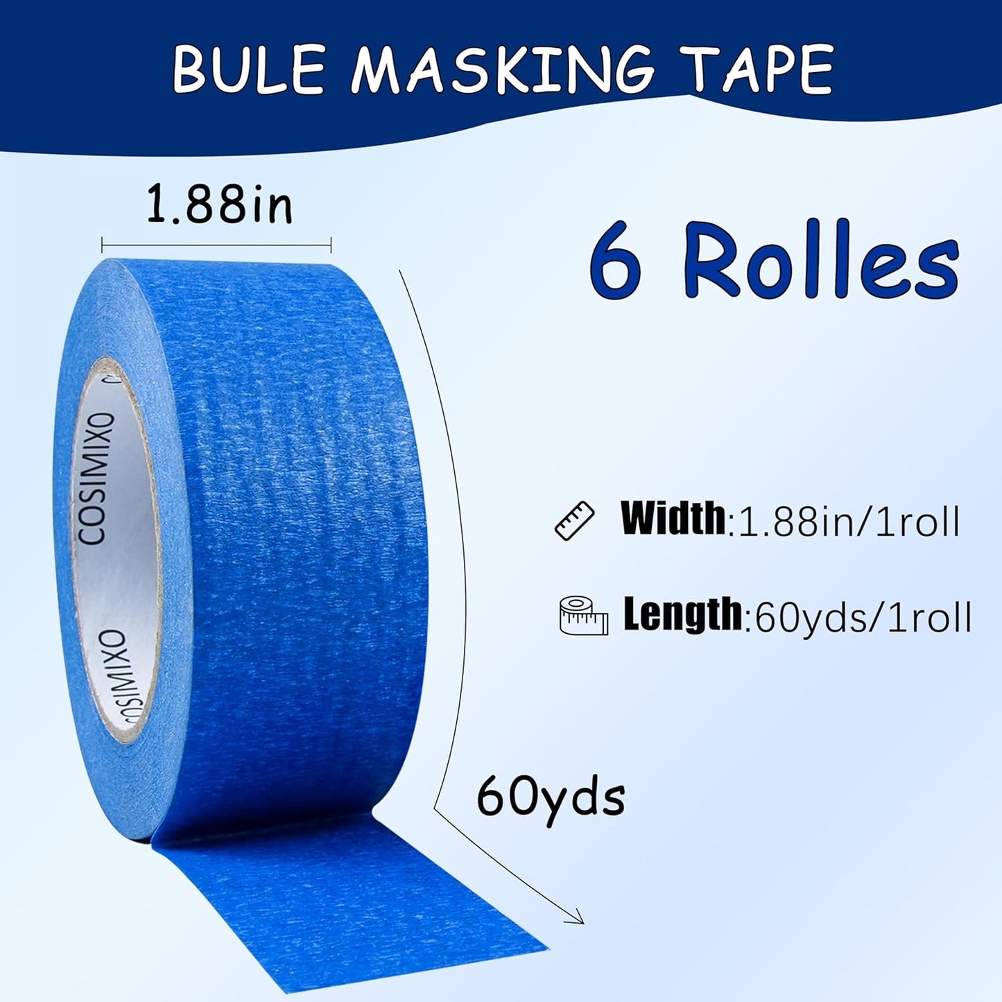 COSIMIXO Blue Painters Tape 1.88 in x 60 Yds, 6 Rolls Pack – Professional Grade Blue Masking Tape for Painting, Protects Surfaces & Residue-Free Removal, Multi-Surface Use on Wall Painting, Labeling