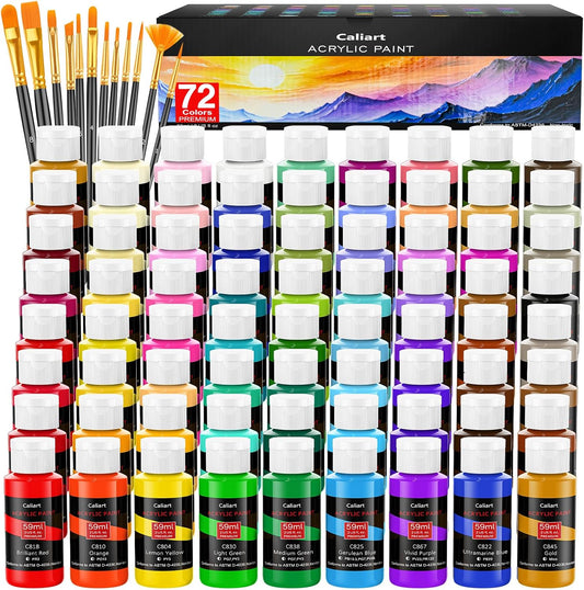 Caliart Acrylic Paint Set with 12 Brushes, 72 Colors (59ml, 2oz) Art Craft Paints Gifts for Artists Adults Beginners Painters, Halloween Pumpkin Canvas Ceramic Rock Painting Kit Art Supplies