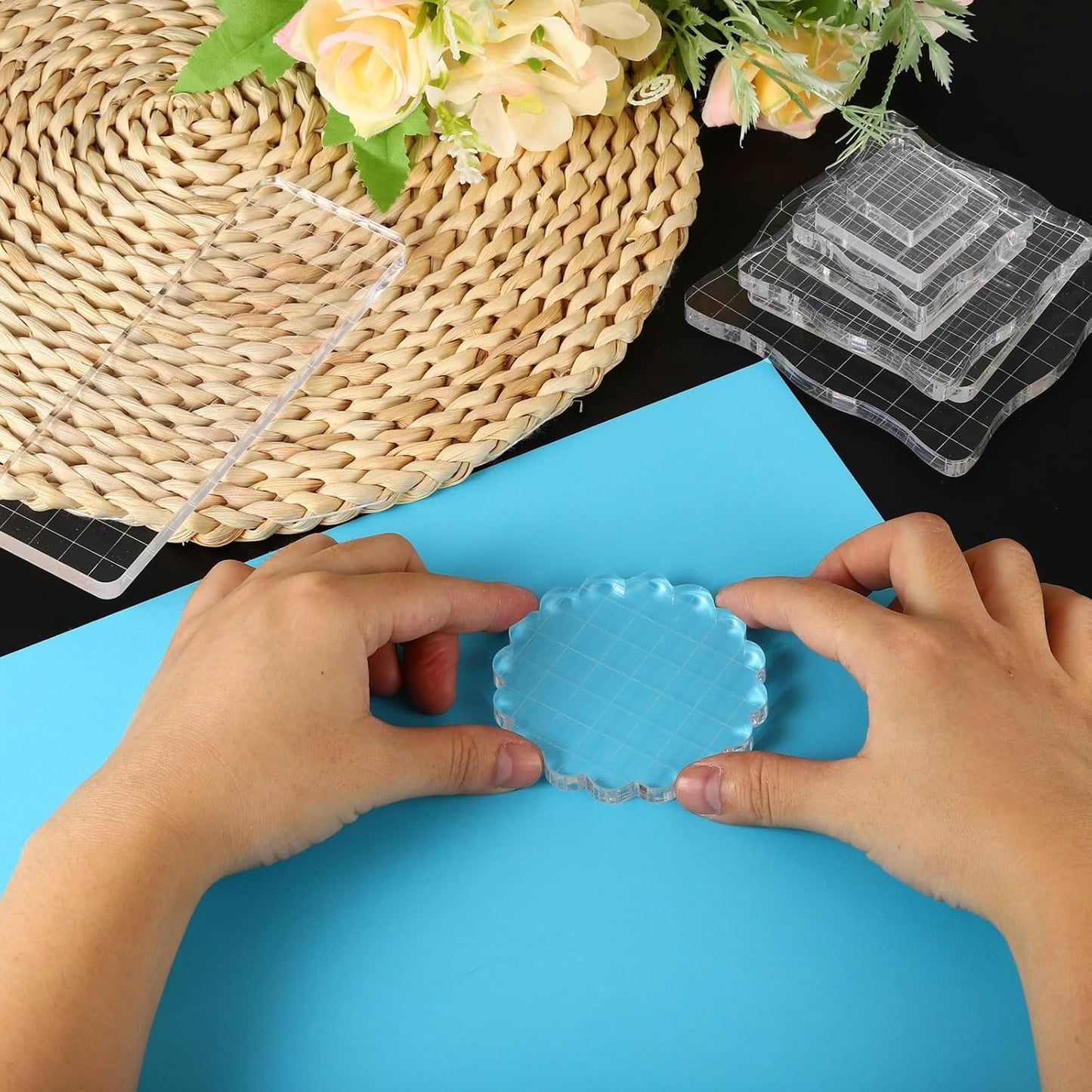 PATIKIL 2" x 2" Acrylic Stamp Block, Clear Stamping Block with Grid Lines Decorative Mounting Blocks Wave for Scrapbooking DIY Crafts Card Making