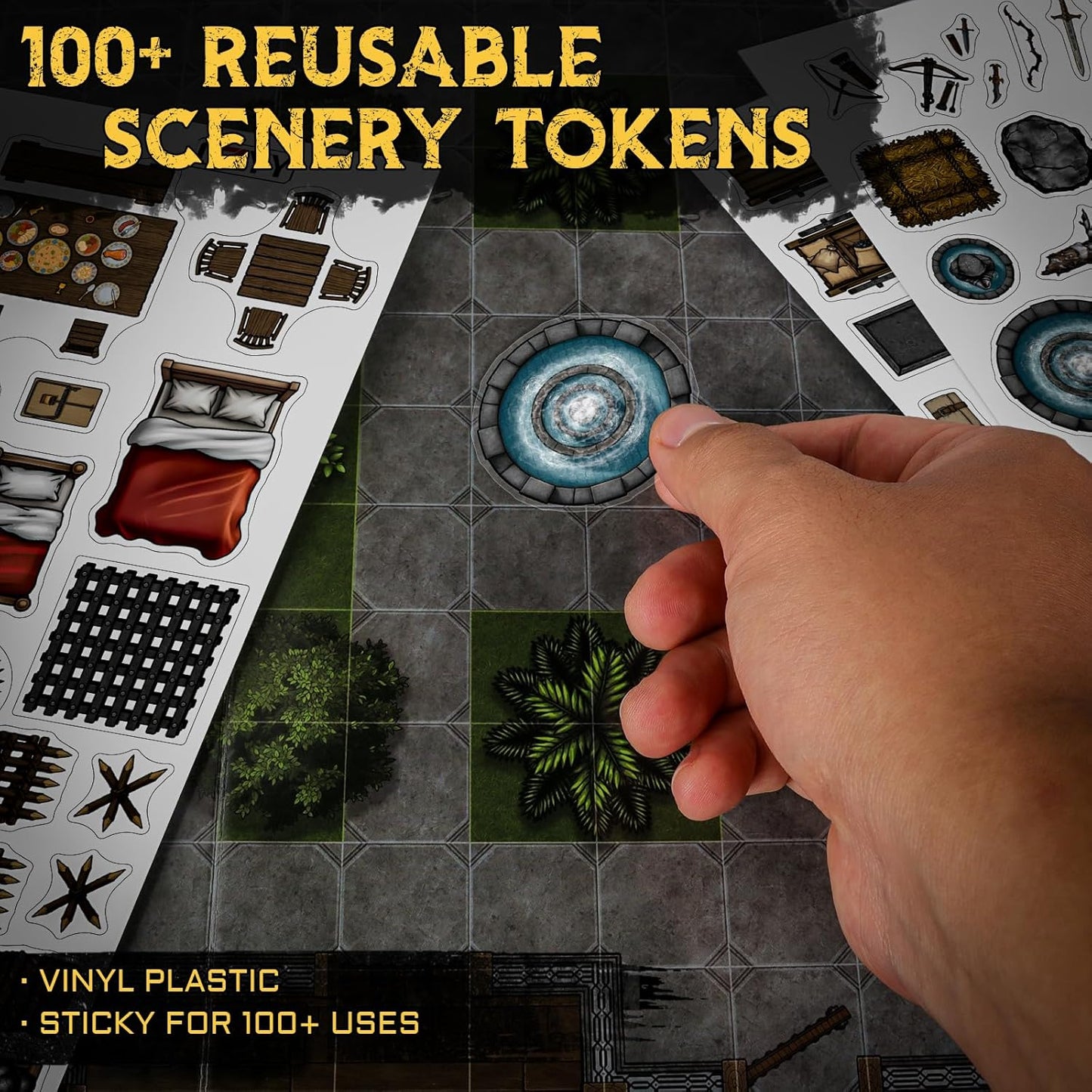 CZYY DND Battle Map Book – 32 Reusable Dry/Wet Erase Mats with 100+ Scenery Decals, 1" Grid & Lay-Flat Binding - Portable RPG Terrain Kit for Campaigns, Game Night & Miniature Battles (Style A)