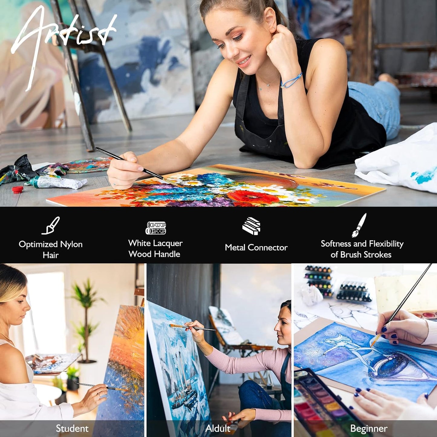 Paint Brushes Set, 60 Pcs Paint Brushes for Acrylic Painting, Oil Watercolor Acrylic Paint Brush, Artist Paintbrushes for Body Face Rock Canvas, Kids Adult Drawing Arts Crafts Supplies, Black