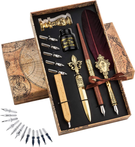 Hethrone Feather Pen and Ink Set - Quill Pens Calligraphy Pen Set Fountain Dip Pen