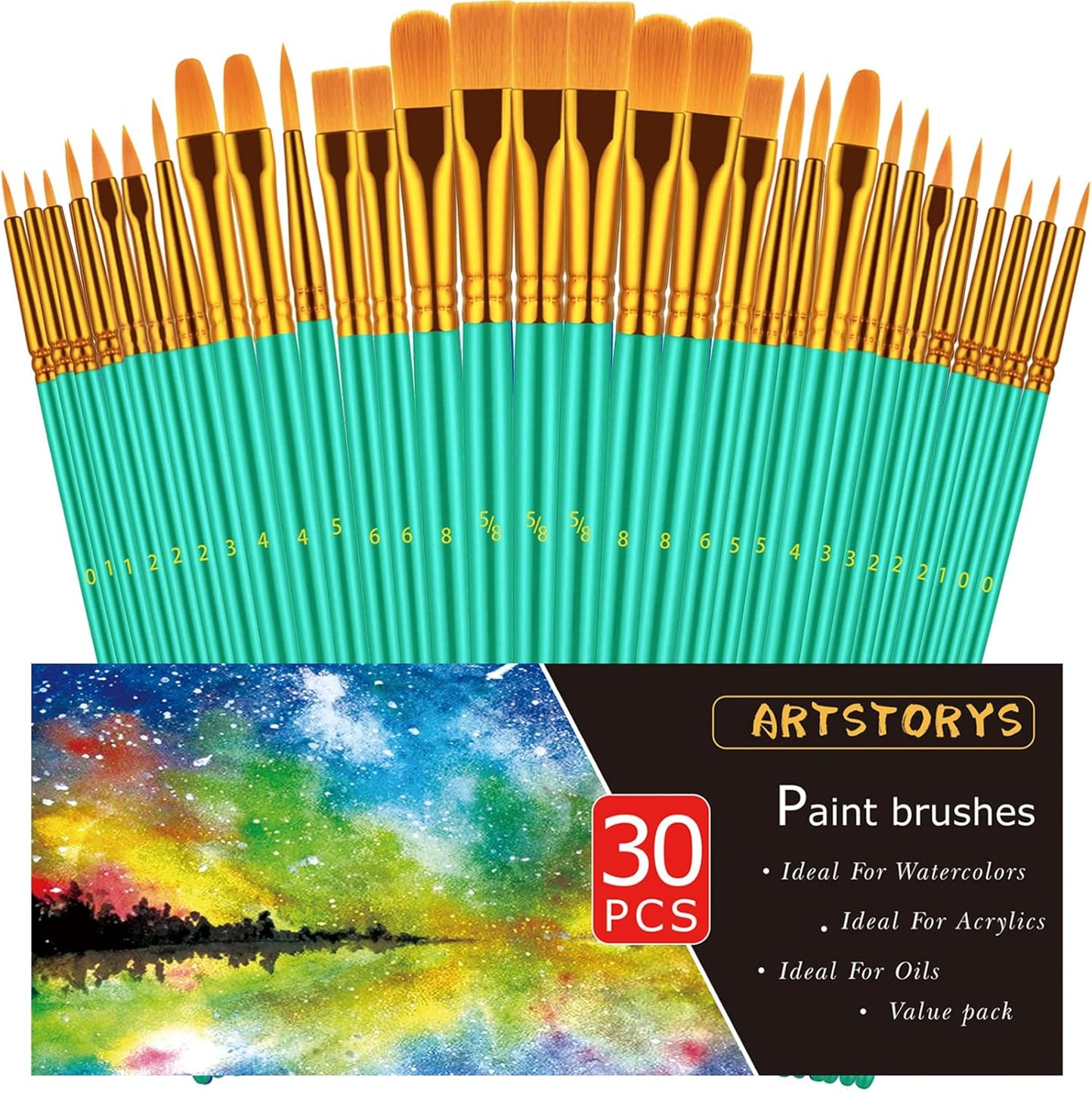 Paint Brushes Set, 30 Pcs Paint Brushes for Acrylic Painting, Oil Watercolor Acrylic Paint Brush, Artist Paintbrushes for Body Face Rock Canvas, Kids Adult Drawing Arts Crafts Supplies, Green