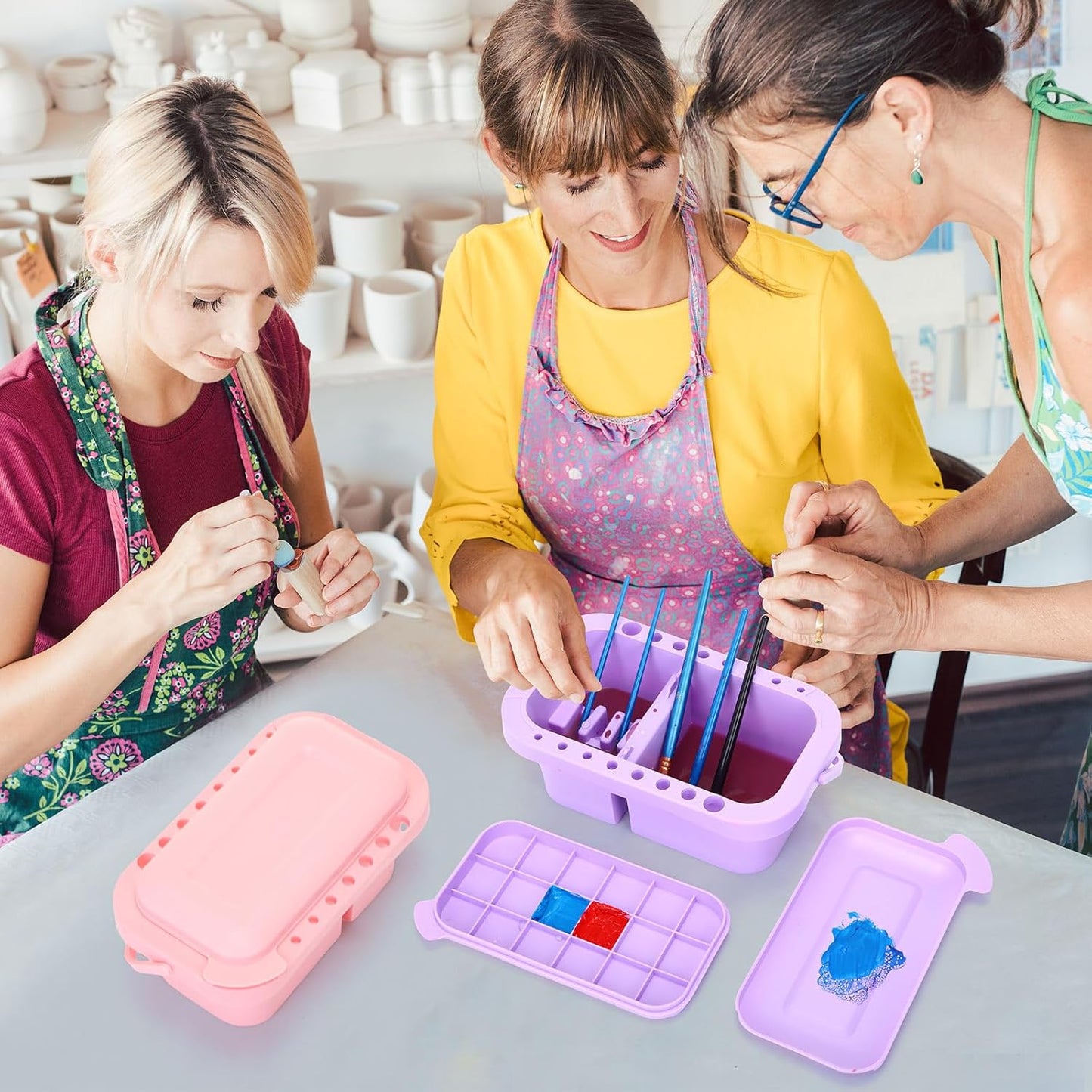 Teenyyou 4 Pcs Paint Brush Cleaner 3 in 1 Multifunction Paint Brush Basin Holder and Organizer with Brushes Holder Washer Trays Palette for Acrylic Watercolor Oil Painting