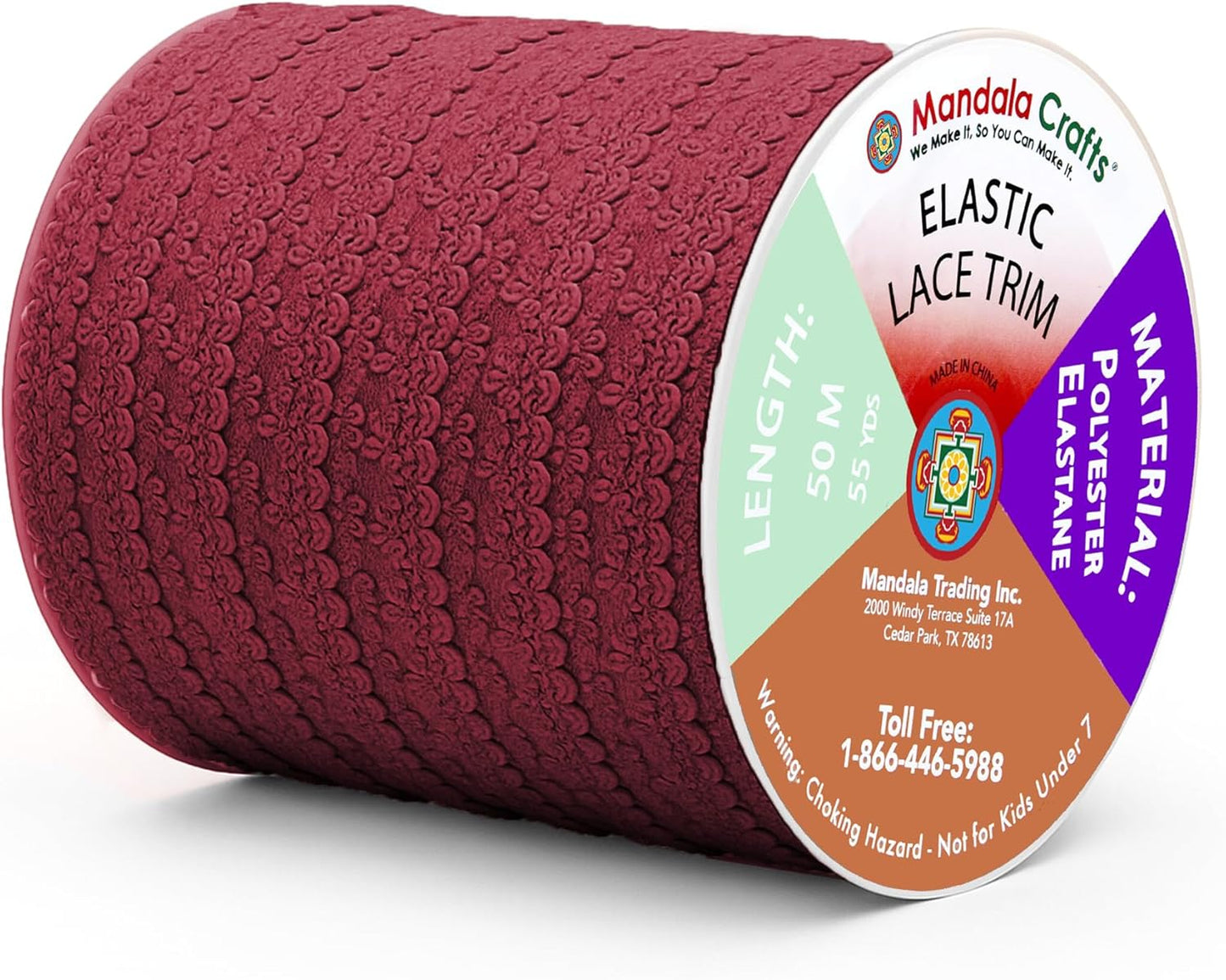 Mandala Crafts Maroon Stretch Lace Soft Elastic Trim Roll - 55 Yards 1 Inch Wide Stretchy Frilly Picot Ribbon for Sewing Lingerie, Headbands, Underwear, and Crafts