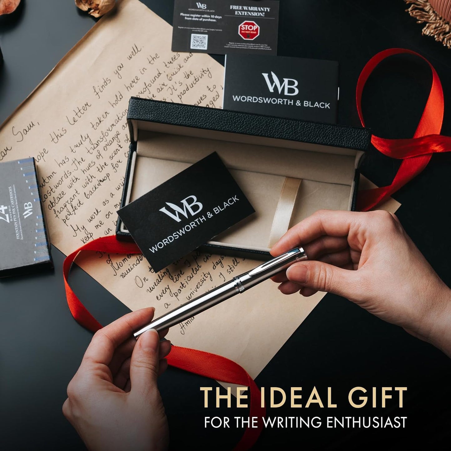 Wordsworth & Black Fountain Pen Set, Fine Nib, Includes 24 Pack Ink Cartridges, Ink Refill Converter & Gift Box, Chrome Finish Finish, Calligraphy, [Silver Chrome], Perfect for Men & Women