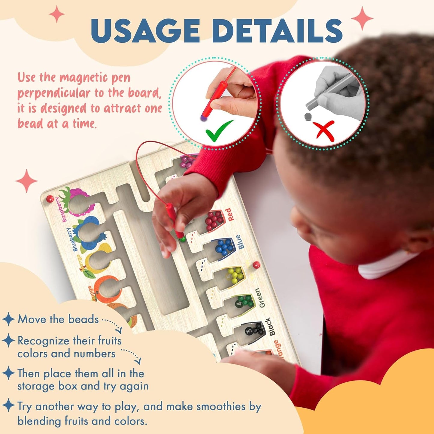 Magnetic Maze Board for Kids Age 3-5, Montessori Educational Wooden for All Toddlers 3 Busy Board, Preschool Learning Adventure, Fine Motor Skills, Fruits Colors Puzzle, Autism-Friendly Toy