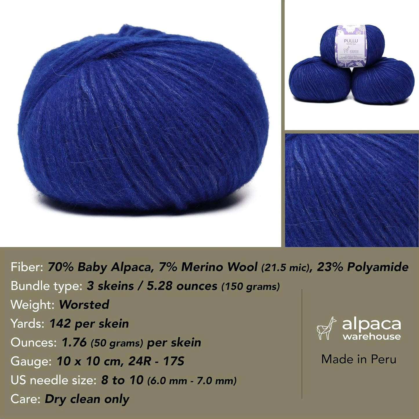 Pullu - Baby Alpaca Merino Wool Yarn Set of 3 Skeins (150 Grams) Worsted Weight - Sourced Directly from Peru - Heavenly Soft and Perfect for Knitting and Crocheting (Blue Indigo)