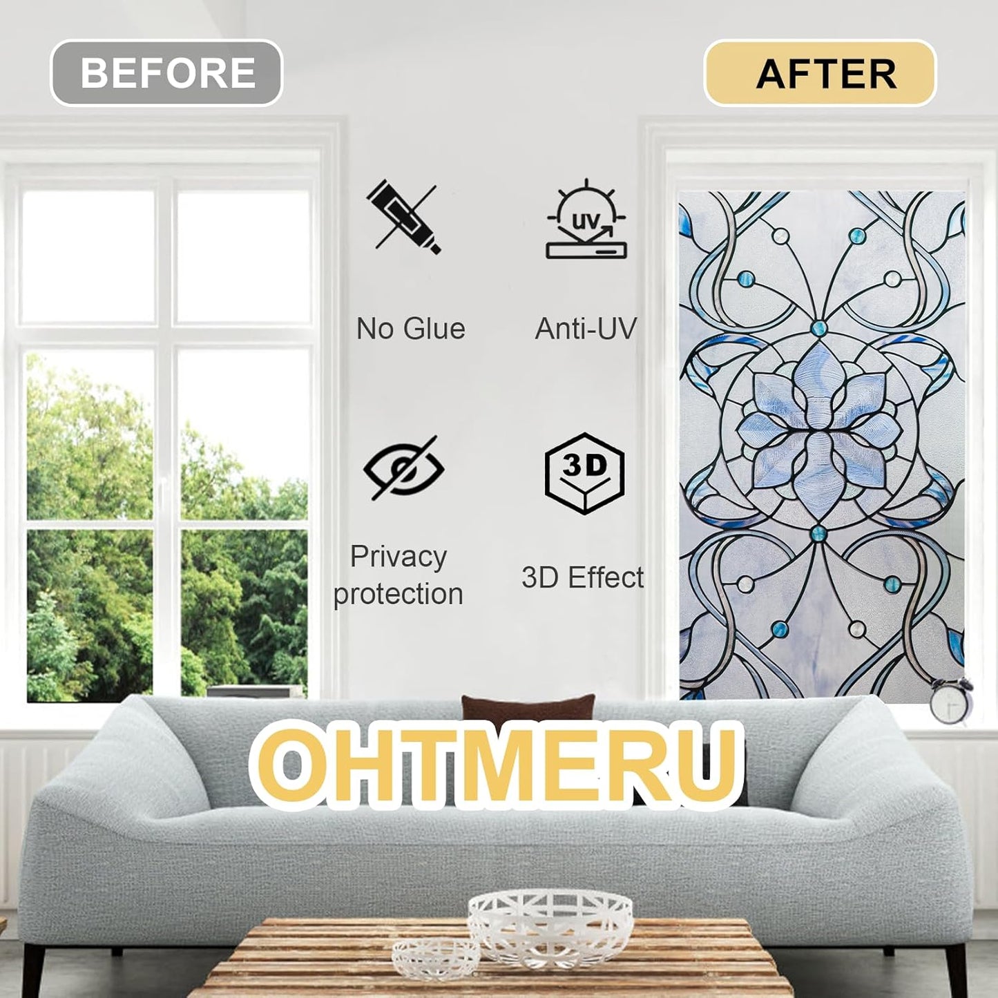 3D Stained Glass Window Privacy Film, Heat Control UV Blocking Static Cling Decorative Window Film for Bathroom,Front Door,Home Non Adhesive,16.9 x 78.7 inches Azure Bloom