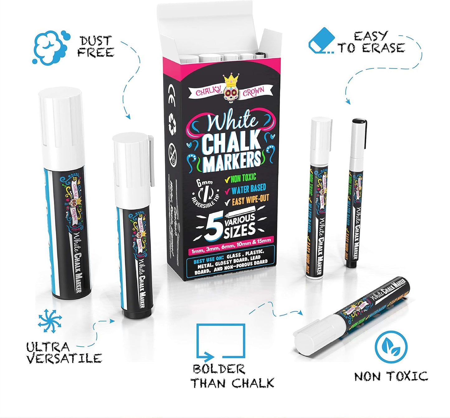 CHALKY CROWN 5pc White Chalk Markers - Non-Toxic Liquid Chalkboard Markers, White Liquid Chalk Marker for Windows, Glass - 1, 3, 6, 10, 15mm Tips