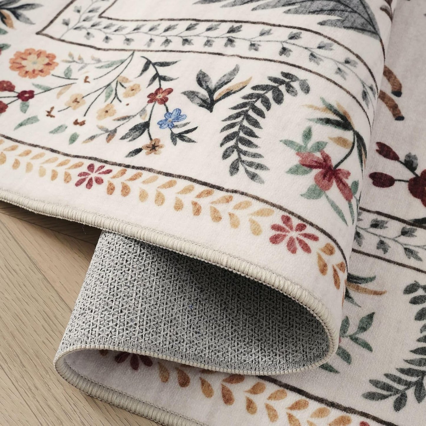 Rugcomf Bedroom Rug 3x5 Rug Washable Area Rug Non Slip Low Pile Boho Floral Animal Small Carpet for Bedroom, Bedside, Kitchen, Entryway, Kids Room, Office, College Dorm Essentials for Girls (Beige)