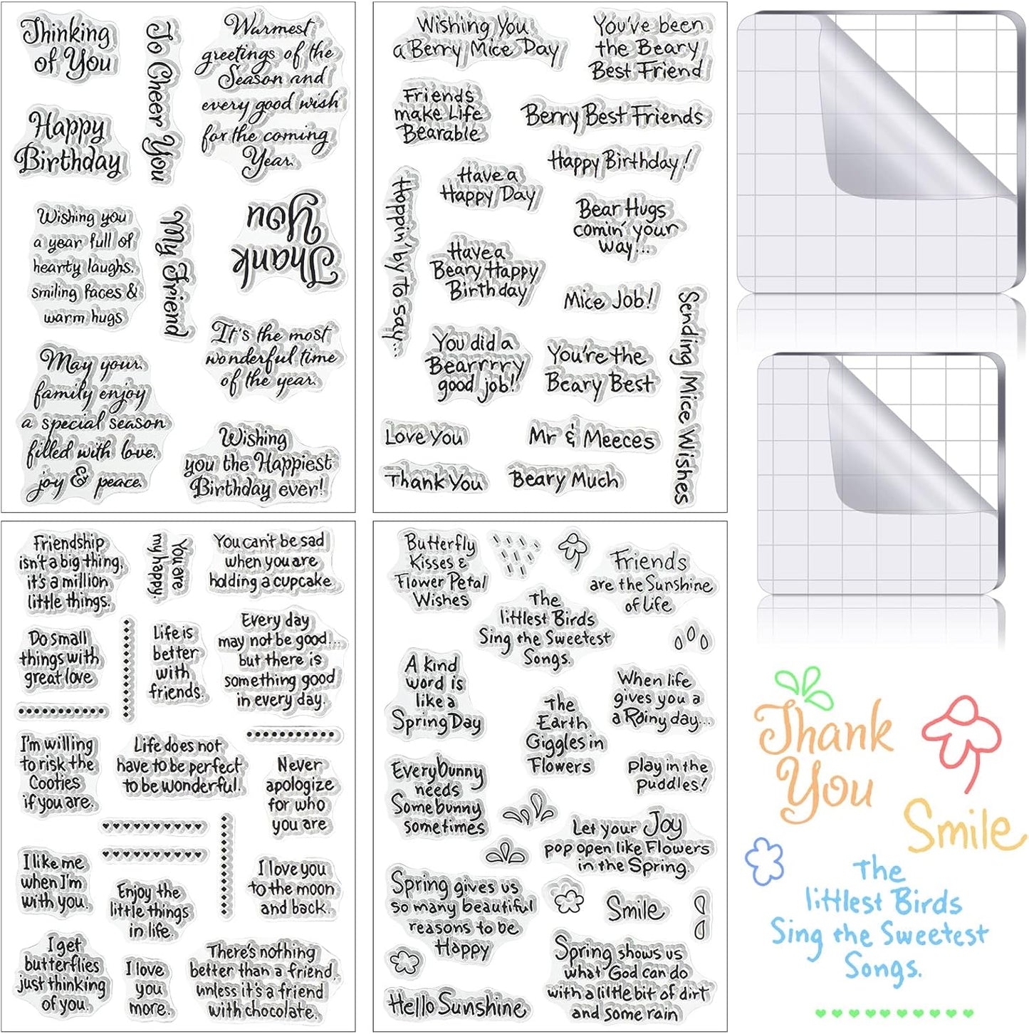 4 Sheets Sentiments Rubber Clear Stamps Set for Card Making and DIY Scrapbooking Journaling 2 Acrylic Stamp Blocks with Grid Lines for Birthday Wedding Wife Husband Anniversary Special Occasion Cards