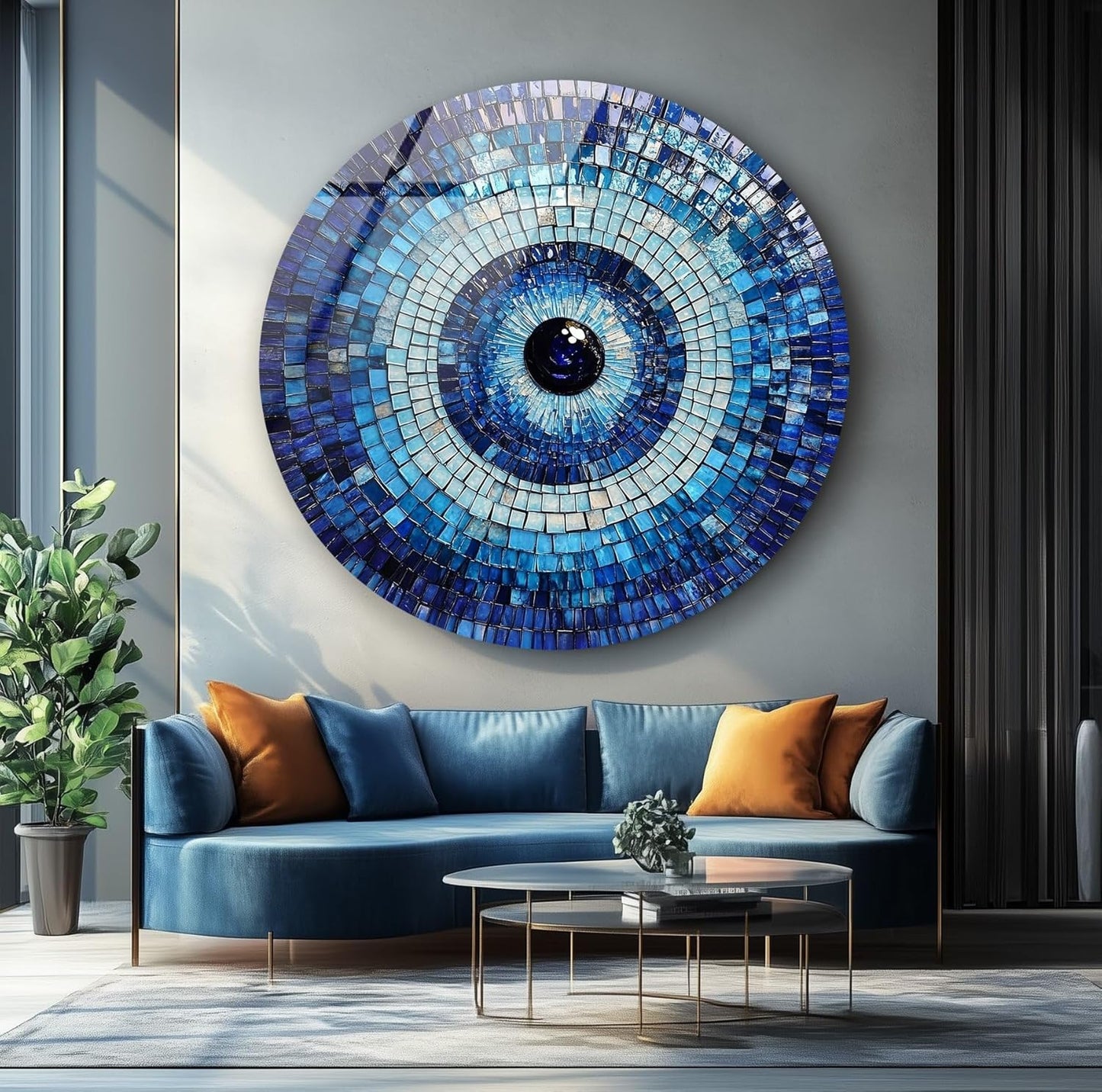 My Photostation.com 10''(25cm) Diameter Blue Mosaic Evil Eye Round Glass Wall Art Tempered Glass Printing Wall Decor Large Wall Art Wall Hangings