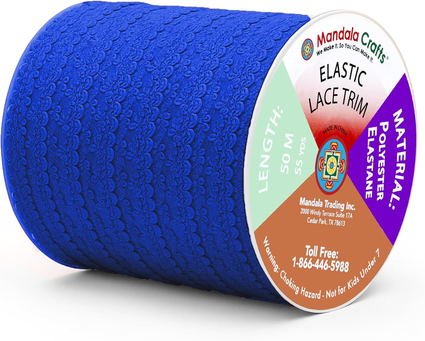 Mandala Crafts Royal Blue Stretch Lace Soft Elastic Trim Roll - 55 Yards 1 Inch Wide Stretchy Frilly Picot Ribbon for Sewing Lingerie, Headbands, Underwear, and Crafts