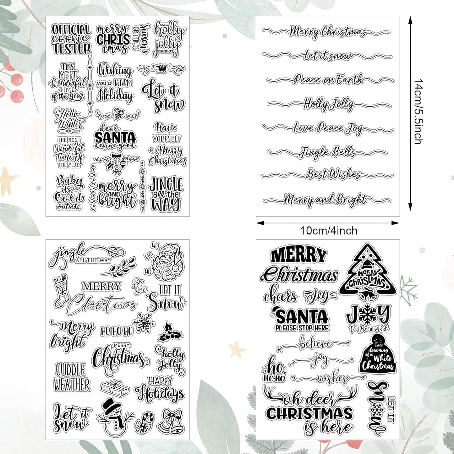 Whaline 4 Sheet Christmas Words Clear Stamps Greeting Words Santa Xmas Tree Pattern Silicone Transparent Stamps Border Stamp Cards for DIY Craft Card Making Scrapbooking Embossing Album Decor