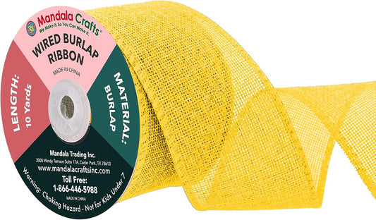 Mandala Crafts Yellow Burlap Wired Ribbon 2.5 Inches Wide Jute Ribbons for Crafts - 10 Yds Roll Rustic Burlap Wrap Trim Ribbons for Wreaths Bows Party Decoration