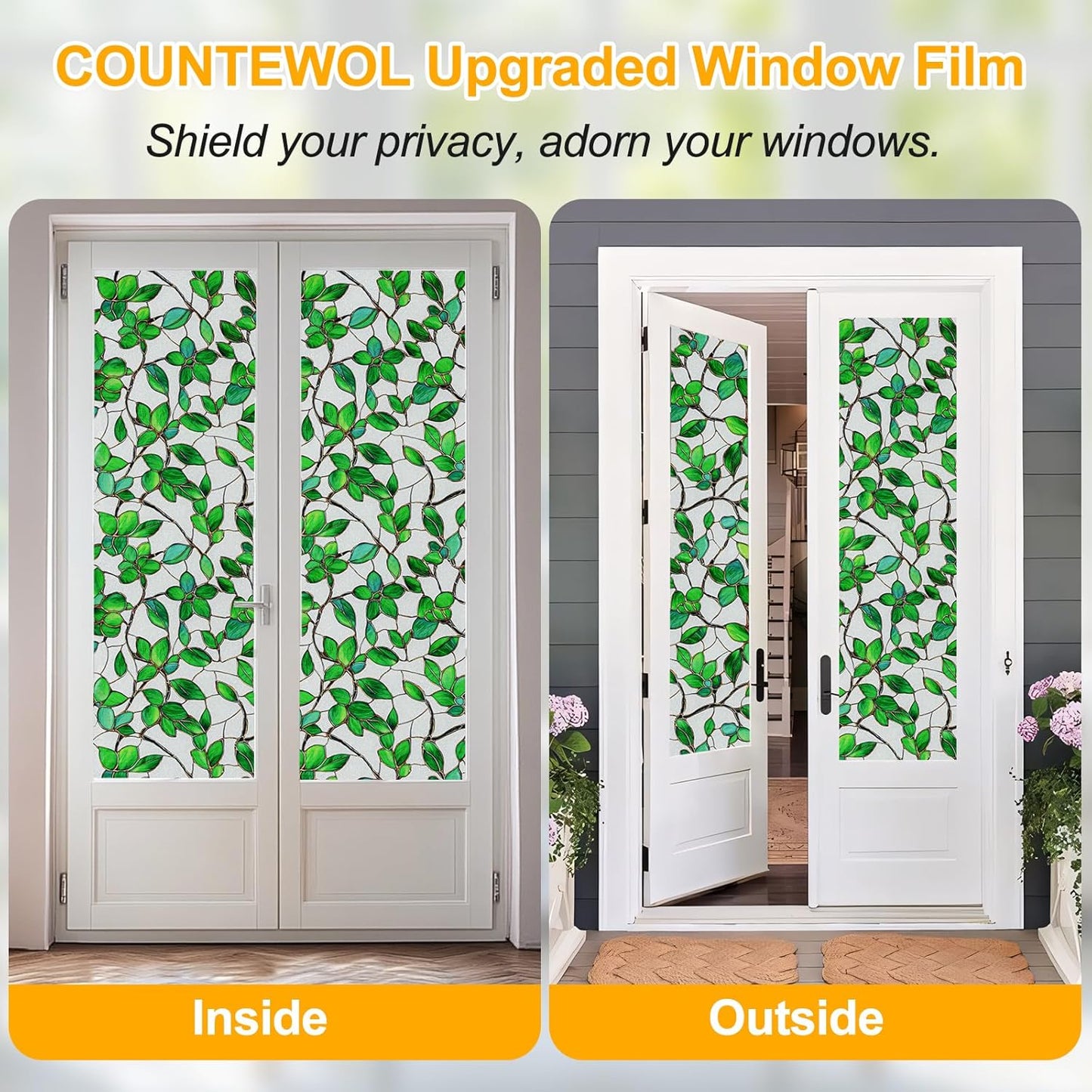 Window Privacy Film Stain Glass Window Film Rainbow Window Film Window clings Non-Adhesive Reusable Decorative for Room (Frosted Greenery Leaf, 23.6 x 78.7 in)