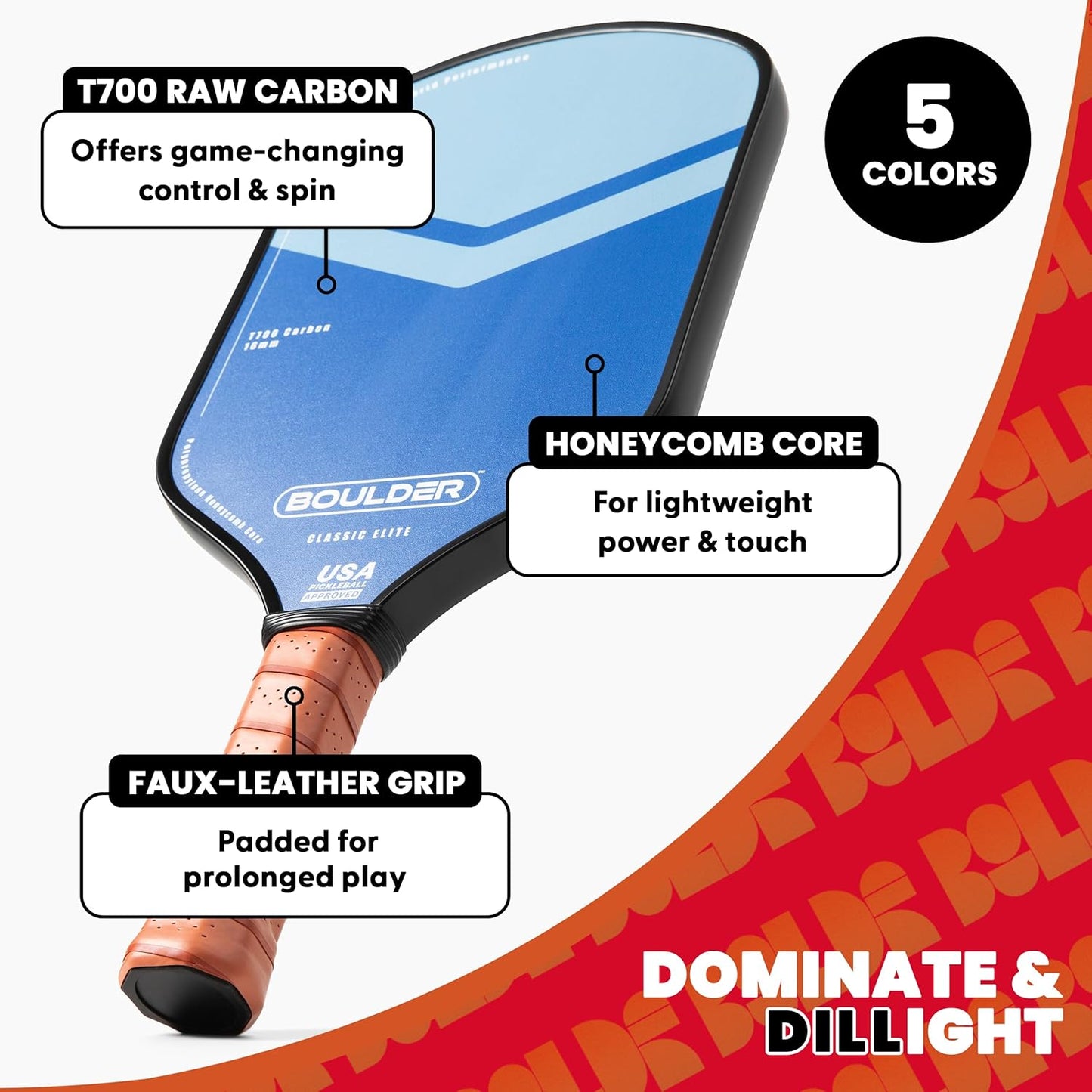 Boulder Carbon Fiber Pickleball Paddle | T700 Carbon Fiber | USAPA Approved, with Honeycomb Polymer Core | Pickleball Racket for Beginner & Experienced Players