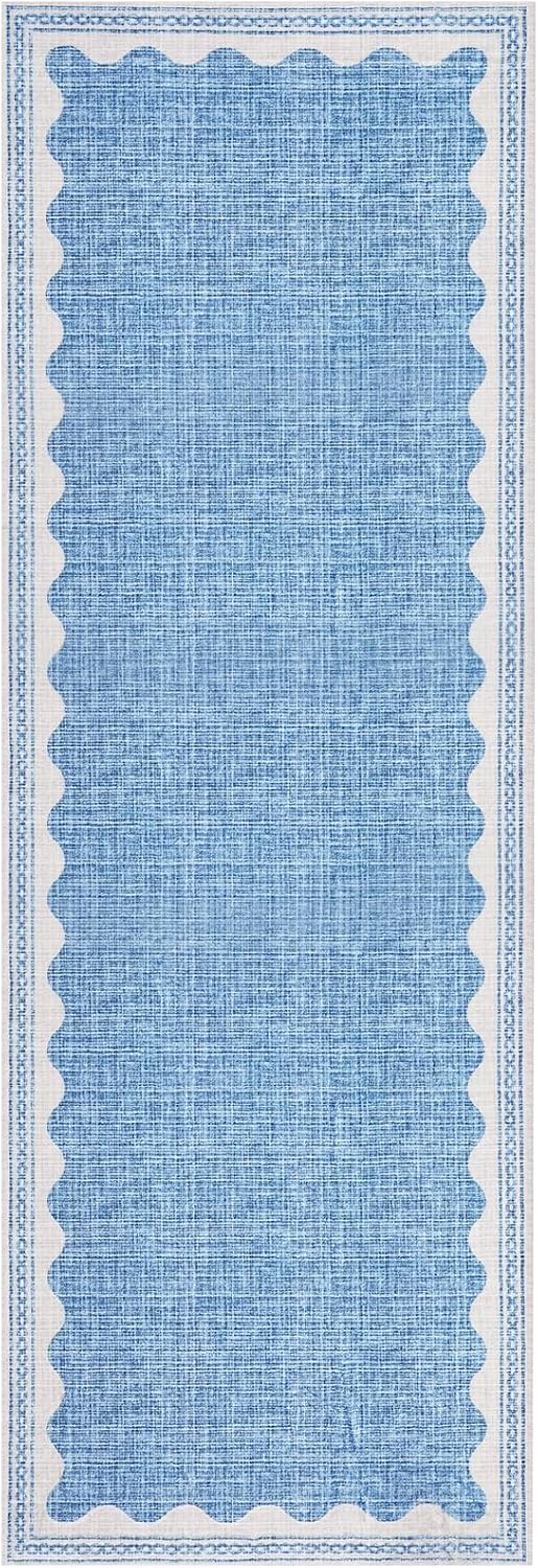 Scalloped Rug 2.5x10 Runners for Hallways, Solid Blue Non Slip Scalloped Bath Runner, Washable Rug for Bedroom Girls, Rugs for Kitchen Floor Soft Dorm Nursery Carpet for Bedside