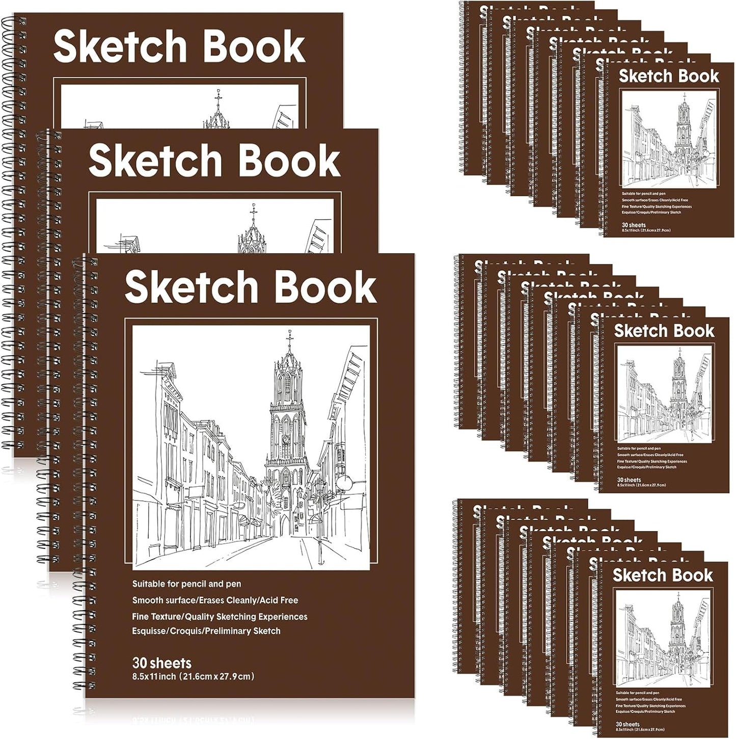 Qilery 24 Pcs 8.5 x 11'' Sketch Book Pads Bulk 30 Sheets Each Spiral Sketchbook 100 GSM Drawing Paper Acid Free Art Sketch Book Pack for Painting Sketching