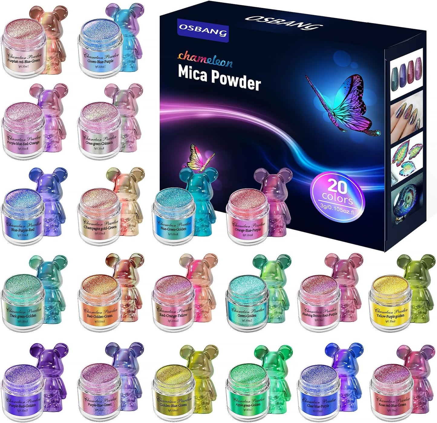 20 Colors Chameleon Mica Powder, 20 * 3g Color Shift Resin Pigment Powder for Epoxy Resin, Painting, Soap Making, Bath Bombs, Candle Making, Slime, Jewelry DIY Accessories(0.1oz/jar)