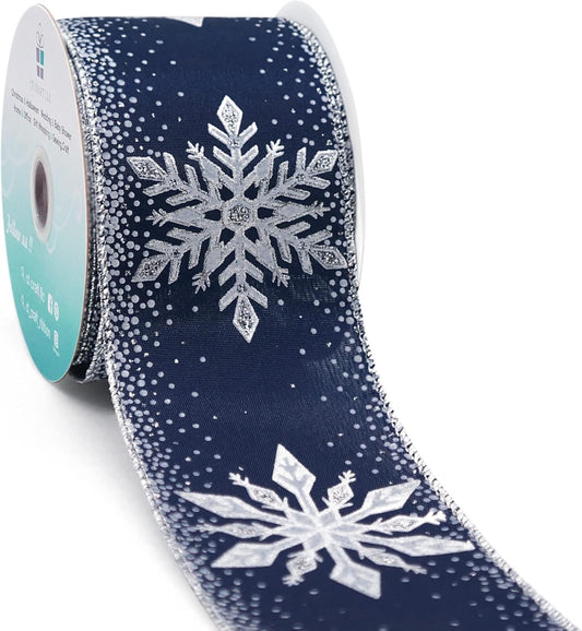CT CRAFT LLC Navy Satin with Silver Snowflake Wired Ribbon 2.5 Inch x 10 Yards for Christmas Home Decor Tree Topper Bow Gift Wrapping DIY Crafts Wreath Garland