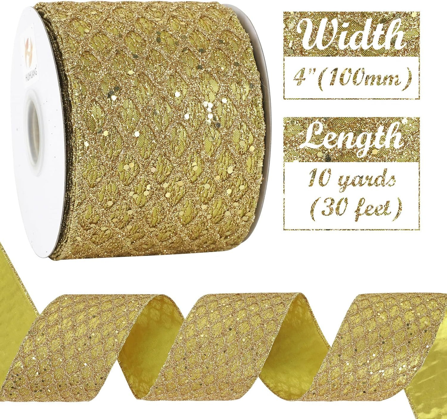 HUIHUANG Gold Glitter Wired Ribbon, 4 inch x 10 Yards, Polyester, Christmas, Gold, Geometric Pattern, Perfect for Tree Decorations, Wreaths, Gift Wrapping
