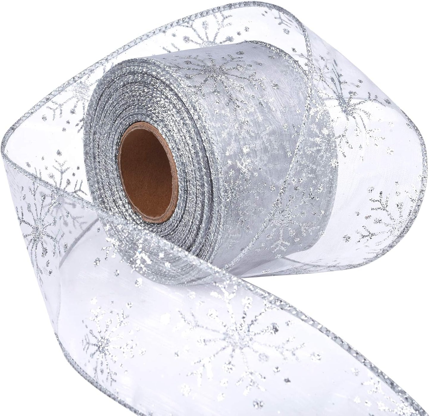 2.5 Inch Wide Christmas Wired Ribbon Snowflake Organza Sheer Glitter Ribbon for Xmas Tree, Wreath, Party Decoration, Gift Wrapping (Silver, 65.7 Foot (Pack of 1))