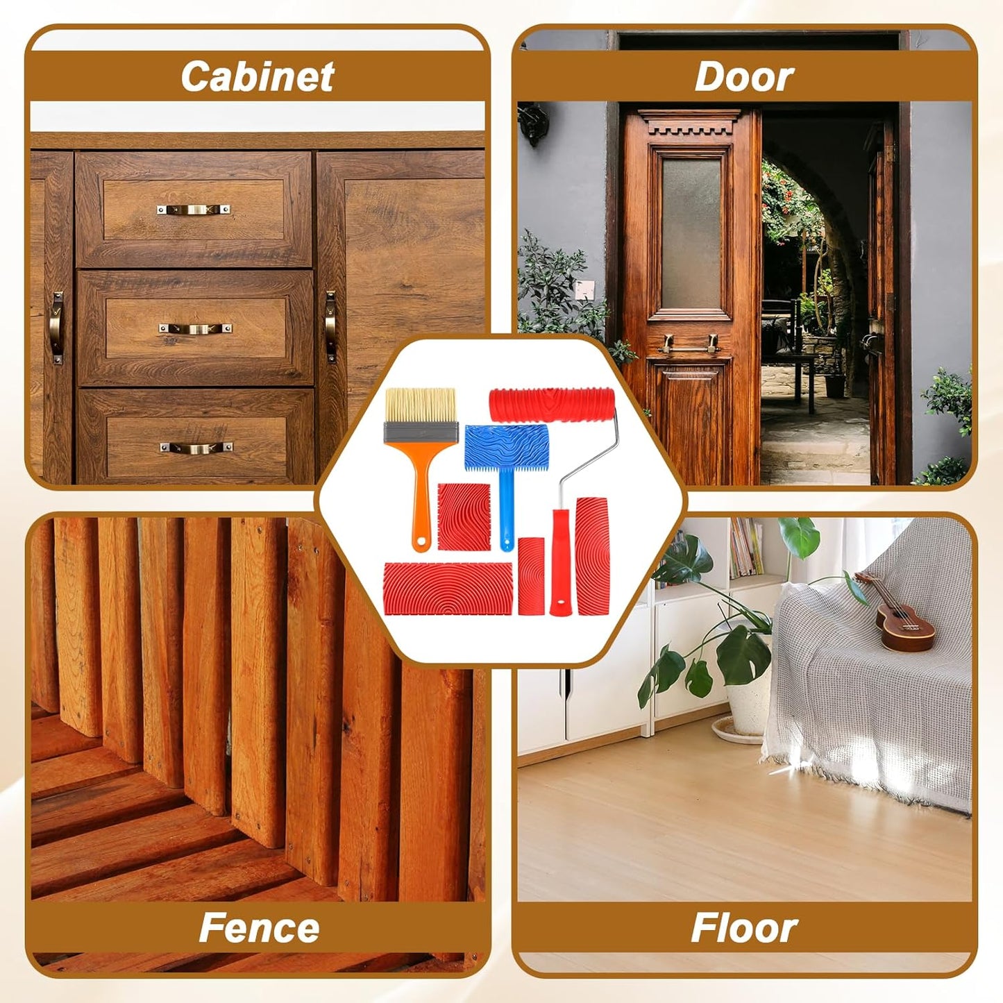 7Pcs Wood Grain Tool Fake Grain Roller Painting Tool Wood Texture Paint Tool with Handle DIY Rubber Wood Pattern Painting Roller for Wall Room Art Decoration