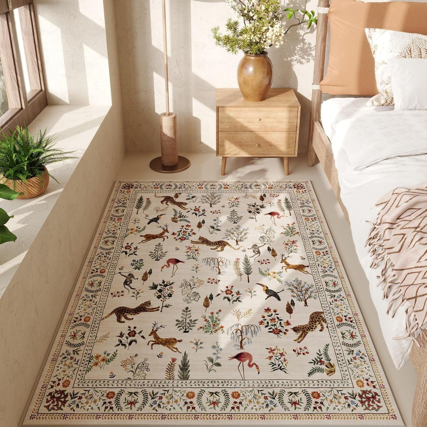 Rugcomf Bedroom Rug 3x5 Rug Washable Area Rug Non Slip Low Pile Boho Floral Animal Small Carpet for Bedroom, Bedside, Kitchen, Entryway, Kids Room, Office, College Dorm Essentials for Girls (Beige)
