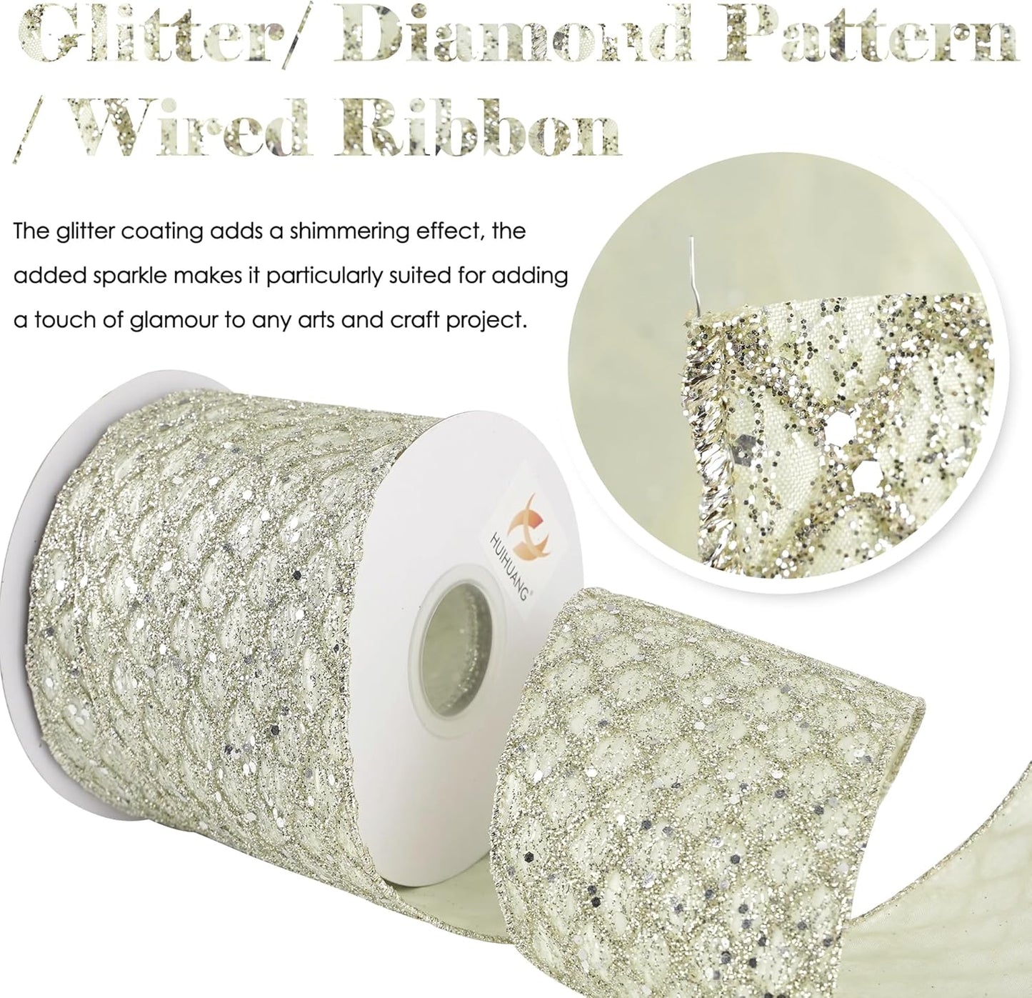 HUIHUANG Champagne Wired Ribbon 4 inch Glitter Christmas Tree Ribbon Diamond Mesh Wire Ribbon for X-mas Tree Decorations, Wreaths, Garland, Large Bows Making, Wedding Decor -10 Yards