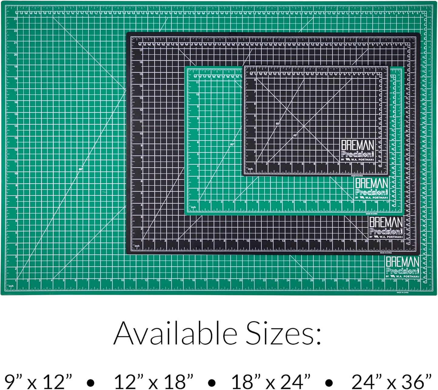 Breman Precision 12x18 & 18x24 Inch Self Healing Cutting Mat - 2 Pack Green/Black Cutting Mats for Crafts, Sewing, Quilting & DIY Projects - 2-Sided 5-Ply PVC - Non-Slip Design with Precise Grid Lines