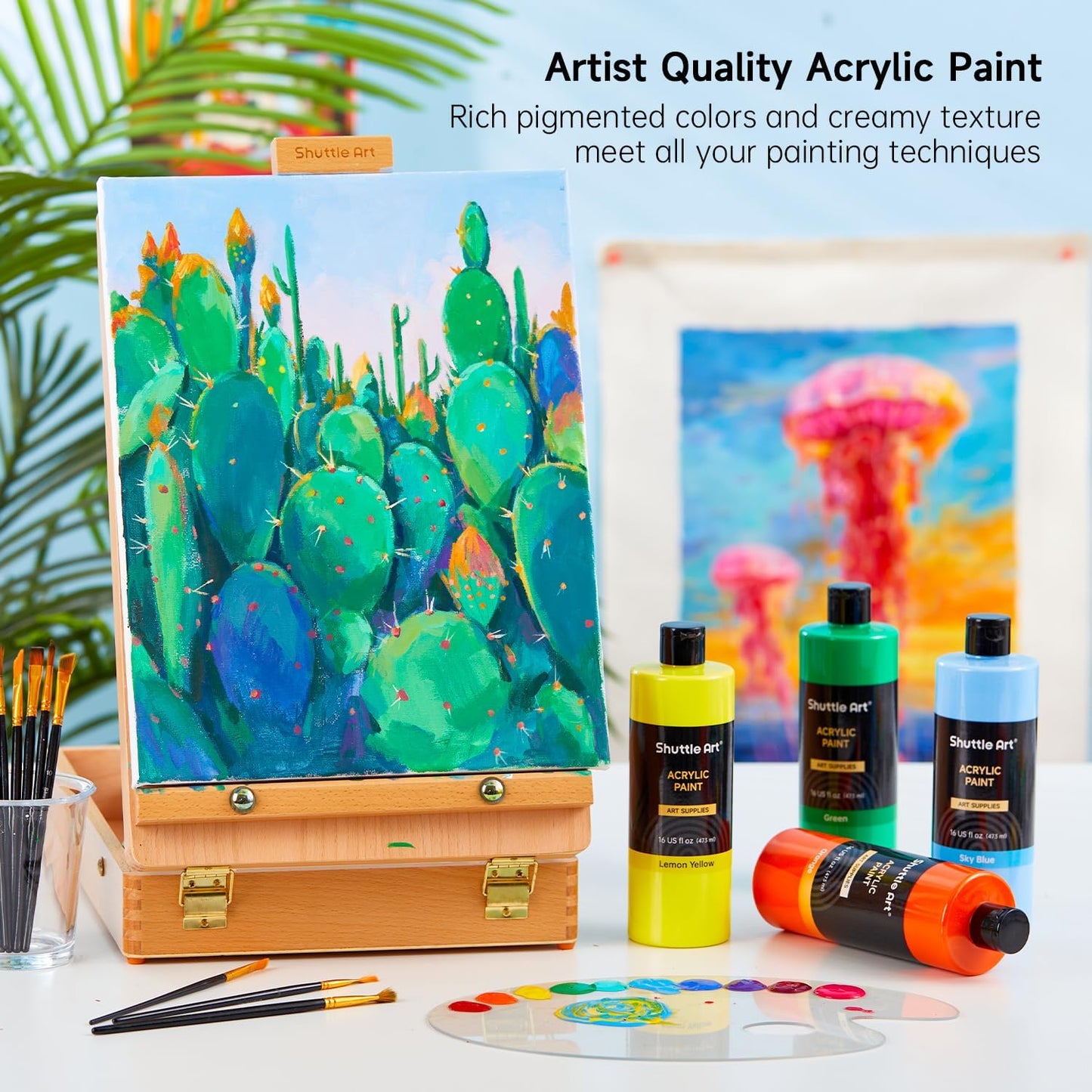 Shuttle Art Acrylic Paint, 15 Pack Acrylic Paint Large Bottle Set, 473ml/16oz Each, 14 Unique Colors and 1 More White, High Viscosity Art Paint for Artists, Beginner & Kids on Rocks Canvas WoodCeramic