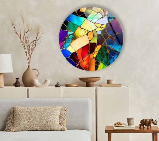 My Photostation.com 27.5''(70cm) Diameter Multicolor Round Stained Glass Wall Art Vibrant Mosaic Abstract Panel Tempered Glass Printing Wall Decor Large Wall Art Wall Hangings