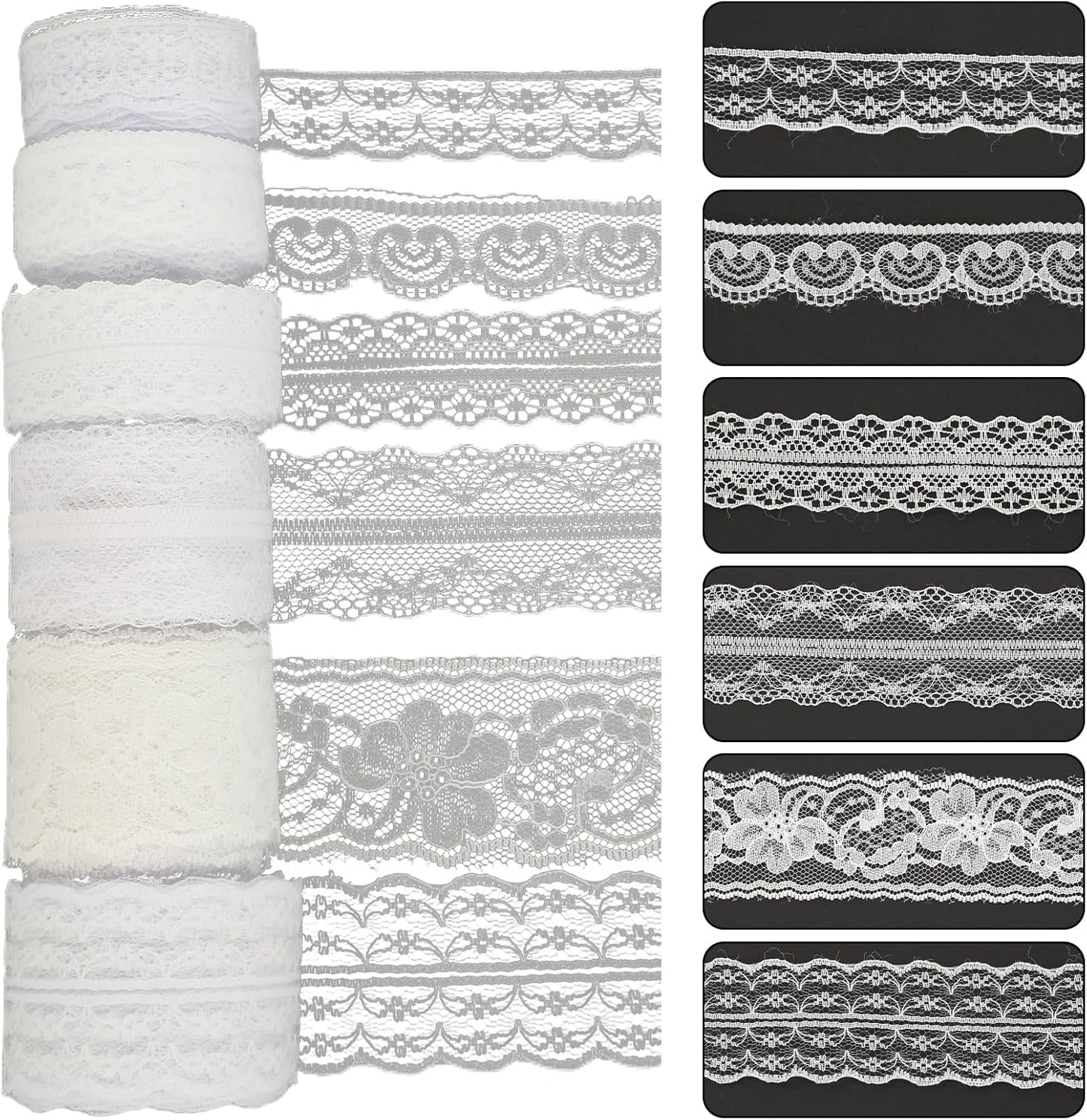Lace Trim, 60 PCS Yards Ribbon, Vintage Scalloped White Laces Ribbon Suitable for Crafts, Gift Wrapping, DIY Sewing, Scrapbooking, Wedding Bouquet Decoration(6 Styles)