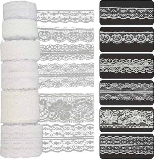 Lace Trim, 60 PCS Yards Ribbon, Vintage Scalloped White Laces Ribbon Suitable for Crafts, Gift Wrapping, DIY Sewing, Scrapbooking, Wedding Bouquet Decoration(6 Styles)
